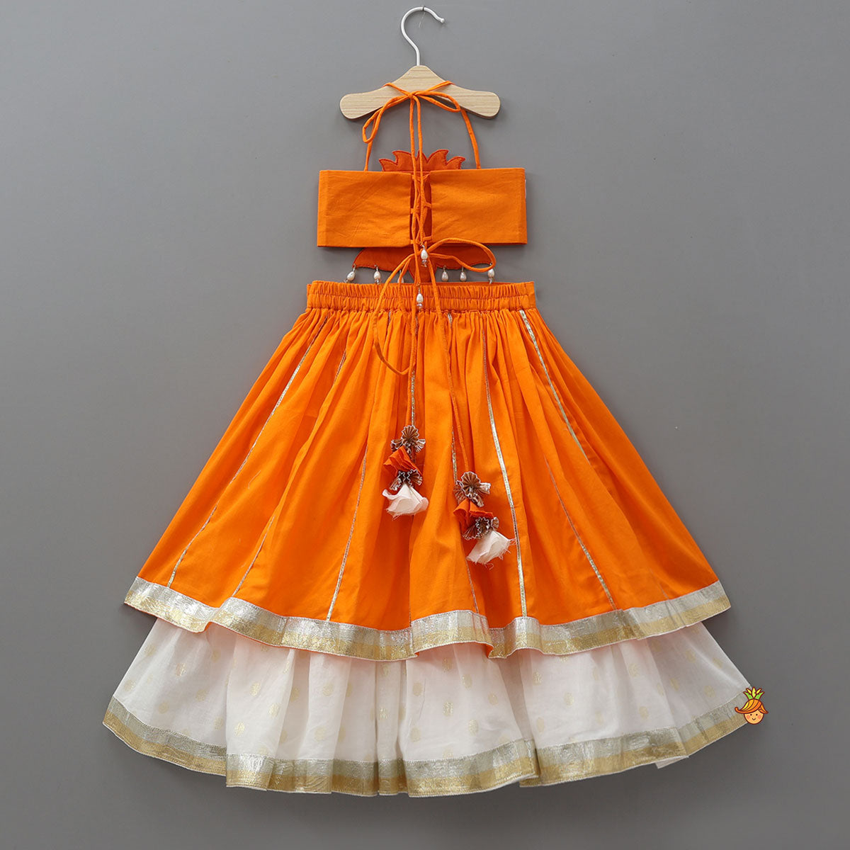 Pre Order: Lotus Applique Work Cotton Crop Top And Layered Lehenga With Dupatta And Matching Headband