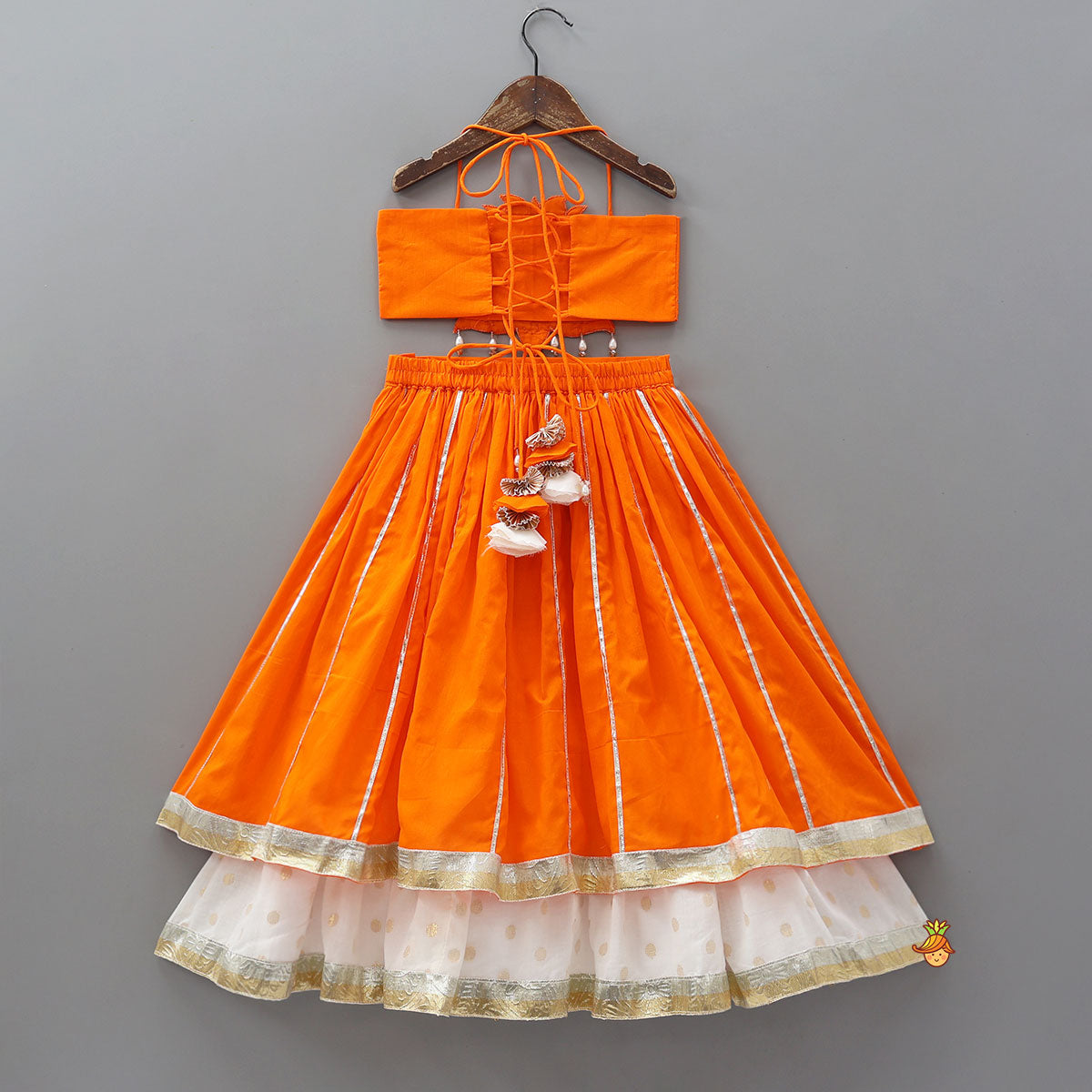 Pre Order: Lotus Applique Work Cotton Crop Top And Layered Lehenga With Dupatta And Matching Headband