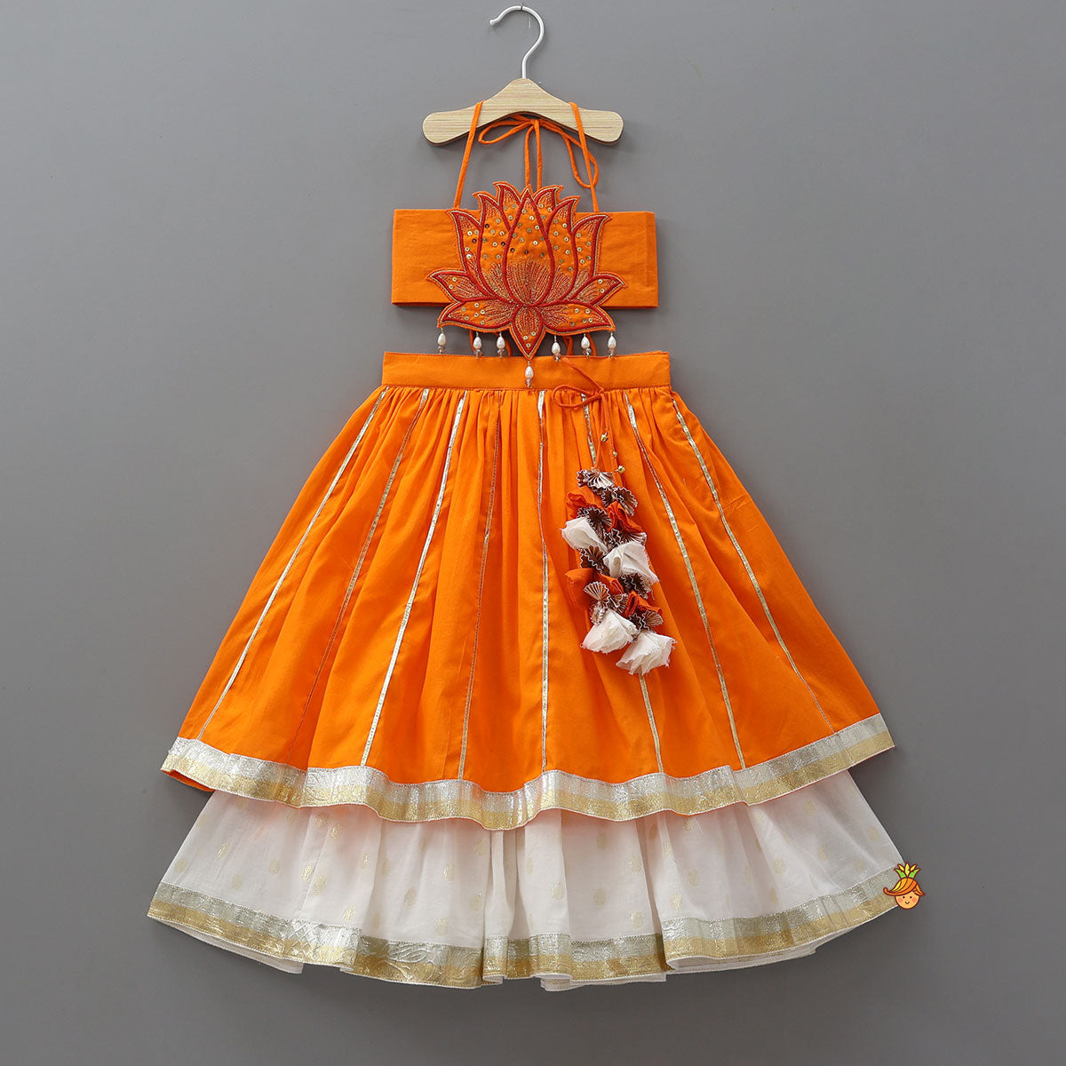 Pre Order: Lotus Applique Work Cotton Crop Top And Layered Lehenga With Dupatta And Matching Headband