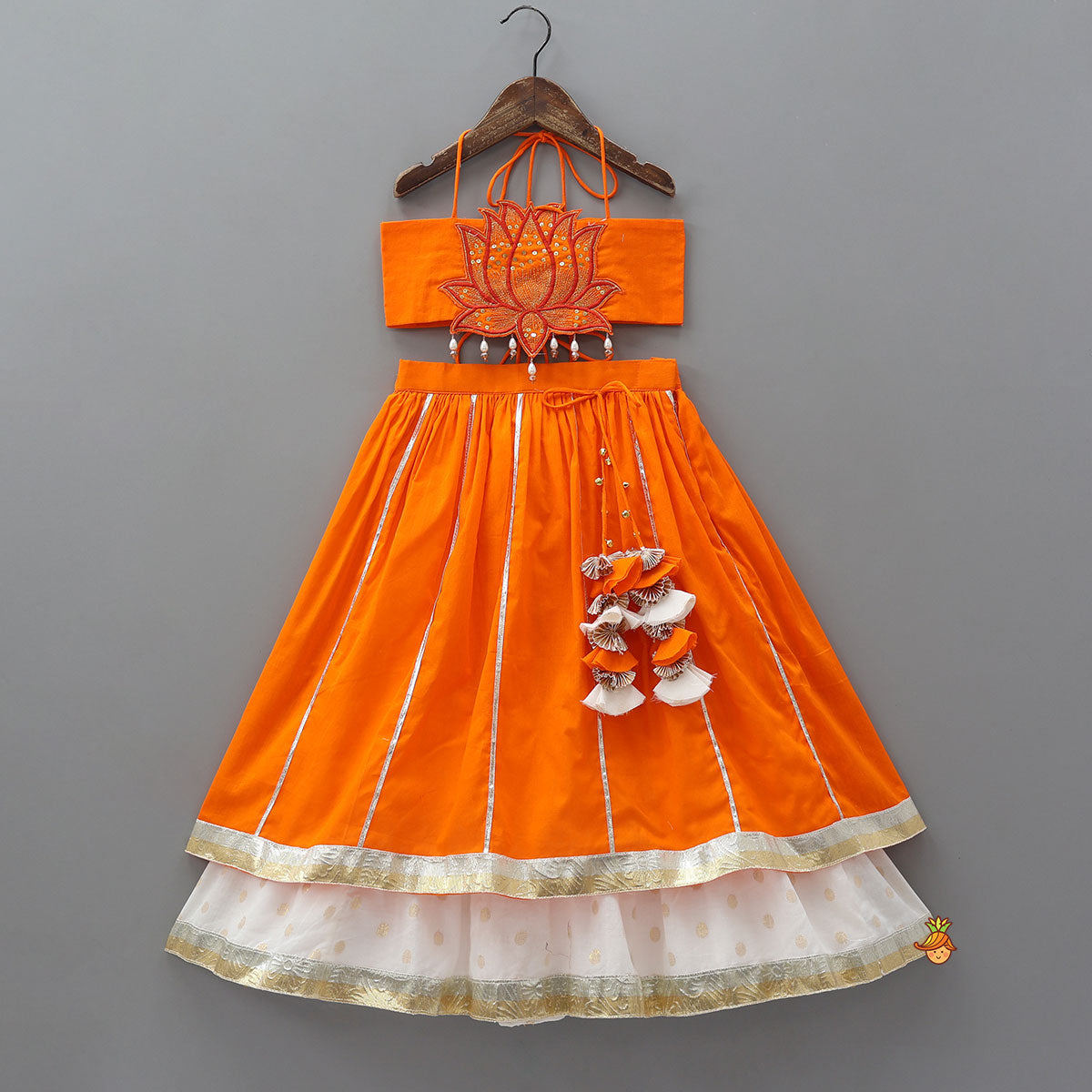 Pre Order: Lotus Applique Work Cotton Crop Top And Layered Lehenga With Dupatta And Matching Headband
