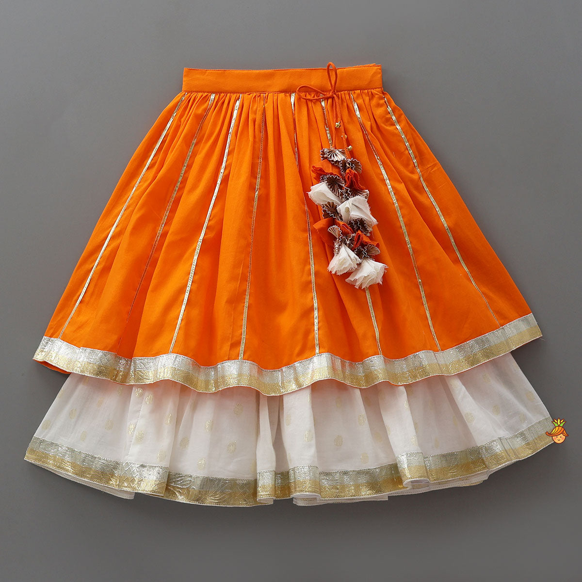 Pre Order: Lotus Applique Work Cotton Crop Top And Layered Lehenga With Dupatta And Matching Headband