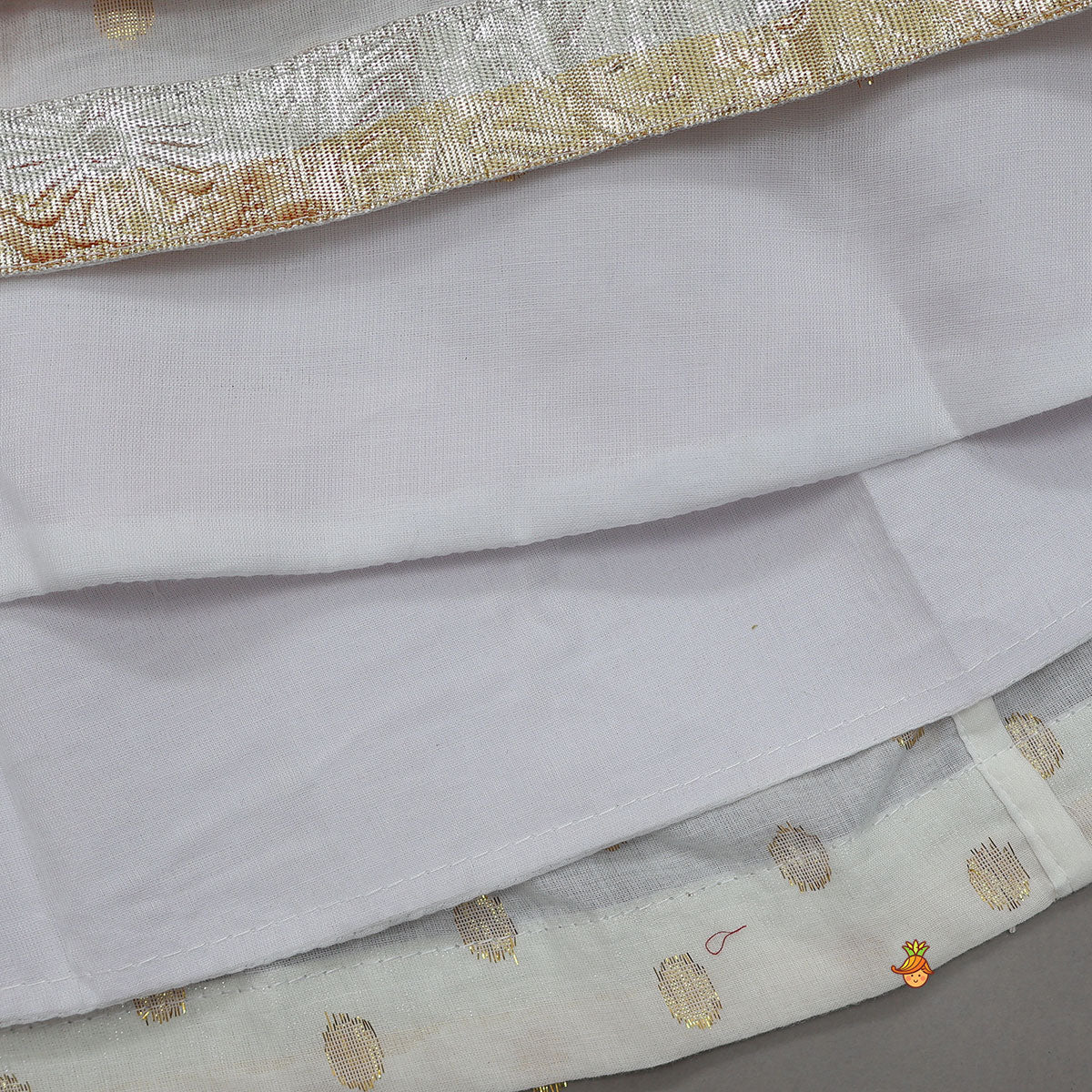 Pre Order: Lotus Applique Work Cotton Crop Top And Layered Lehenga With Dupatta And Matching Headband