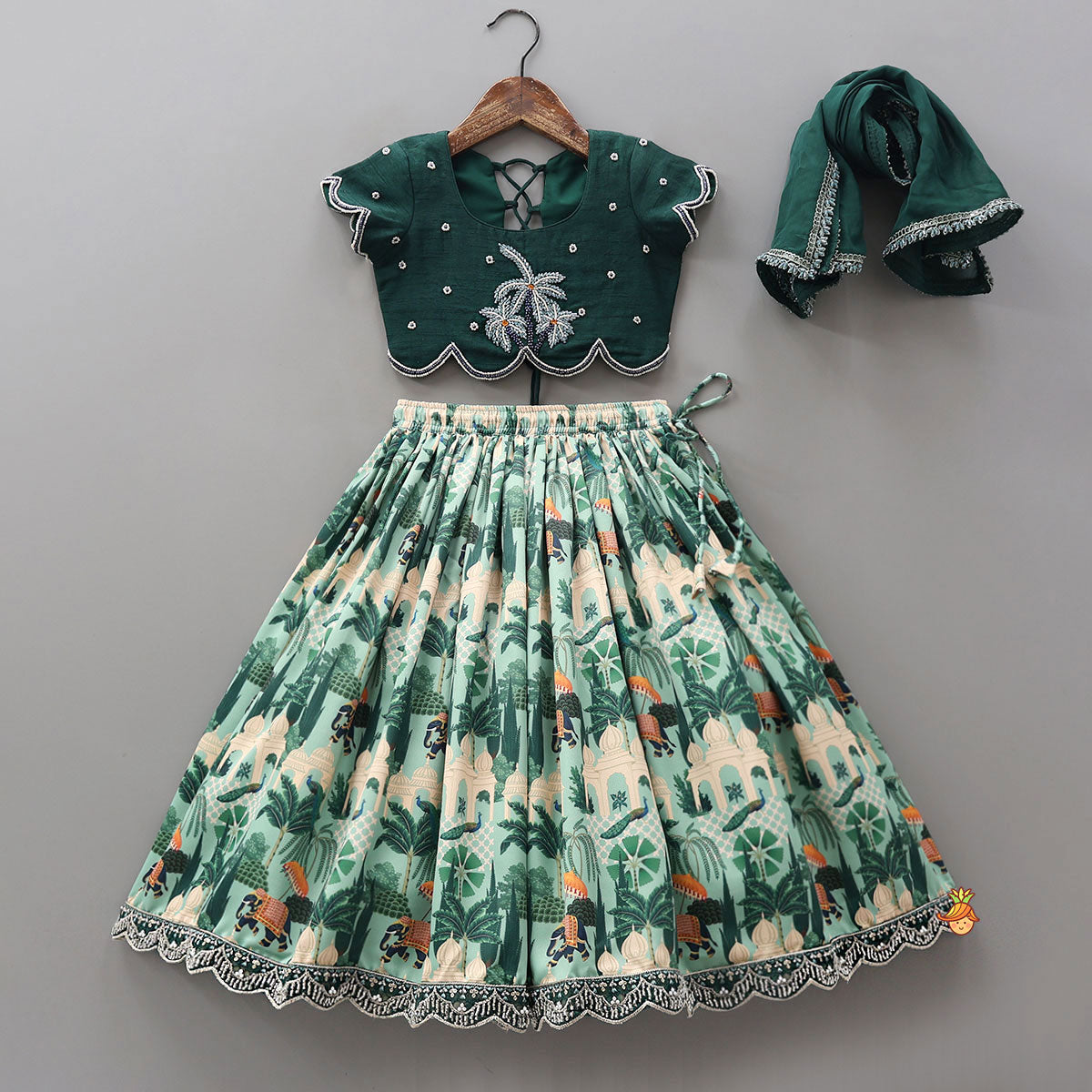 Pre Order: Scalloped Hem Crop Top And Printed Lehenga With Matching Dupatta