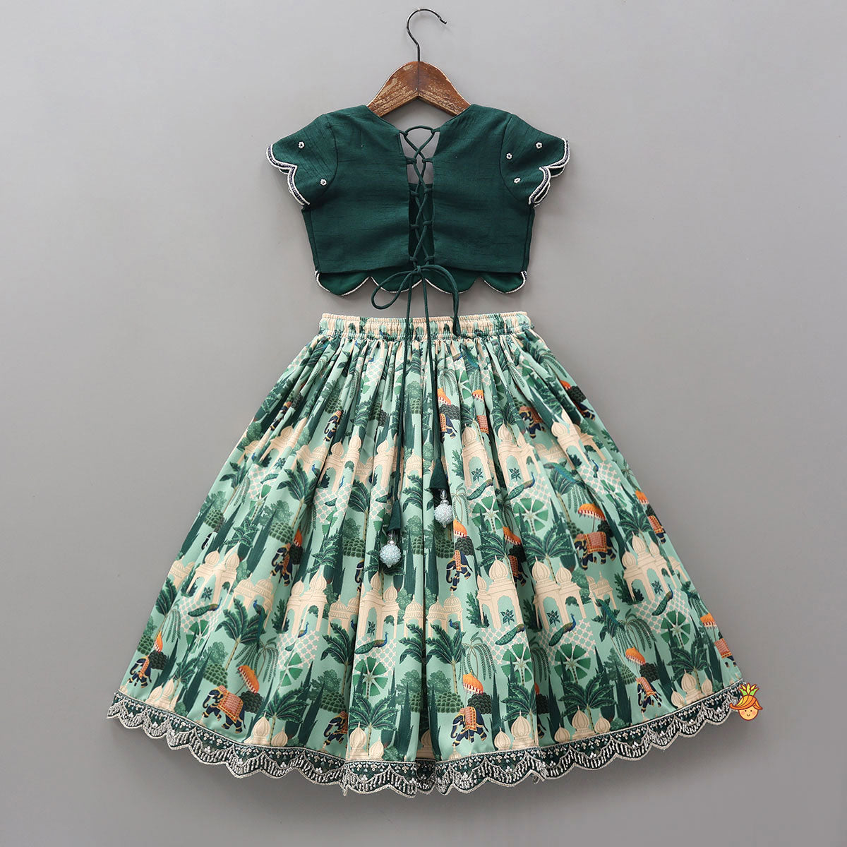 Pre Order: Scalloped Hem Crop Top And Printed Lehenga With Matching Dupatta