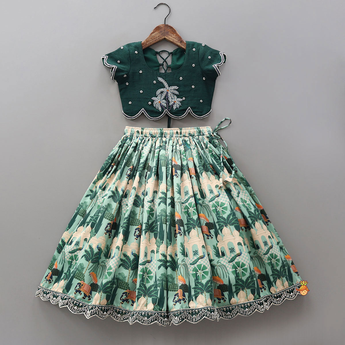 Pre Order: Scalloped Hem Crop Top And Printed Lehenga With Matching Dupatta