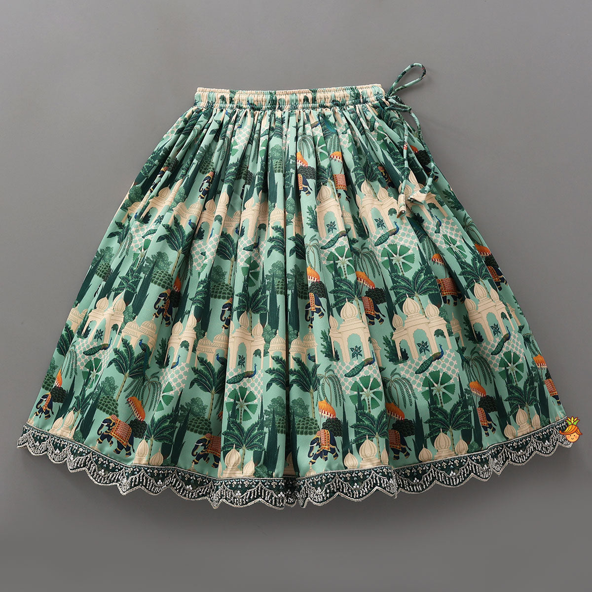 Pre Order: Scalloped Hem Crop Top And Printed Lehenga With Matching Dupatta