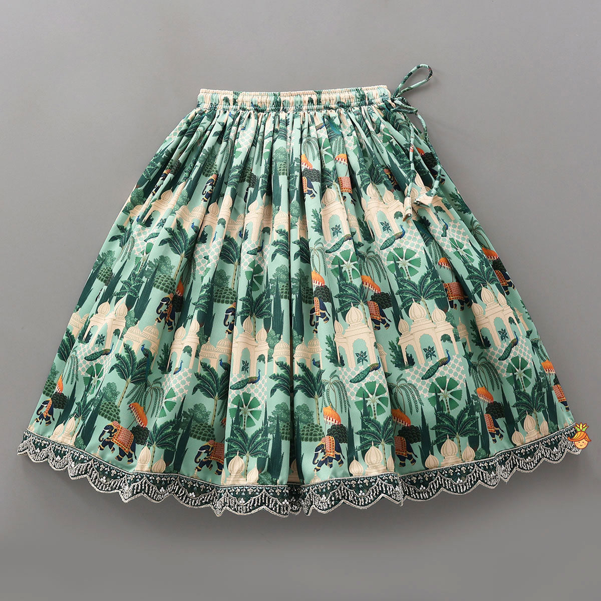 Pre Order: Scalloped Hem Crop Top And Printed Lehenga With Matching Dupatta