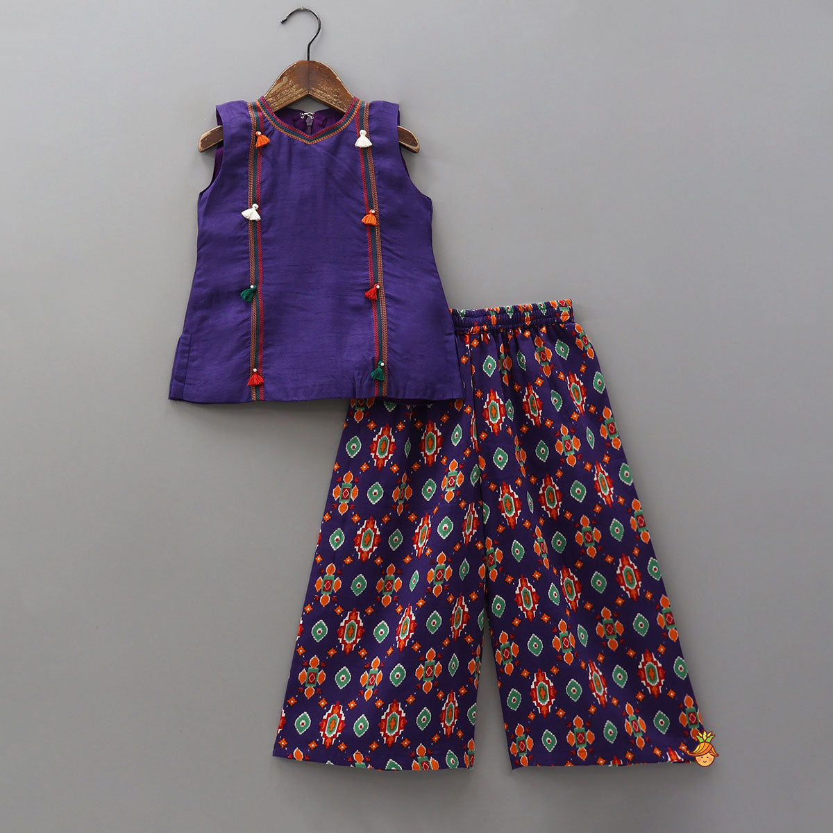 Colourful Fringes Work Kurti And Printed Palazzo