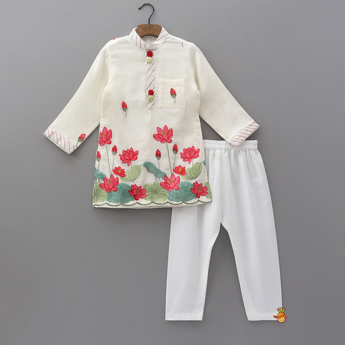 Pre Order: Lotus, Buds and Leaves Motif Embroidered Kurta And Pyjama