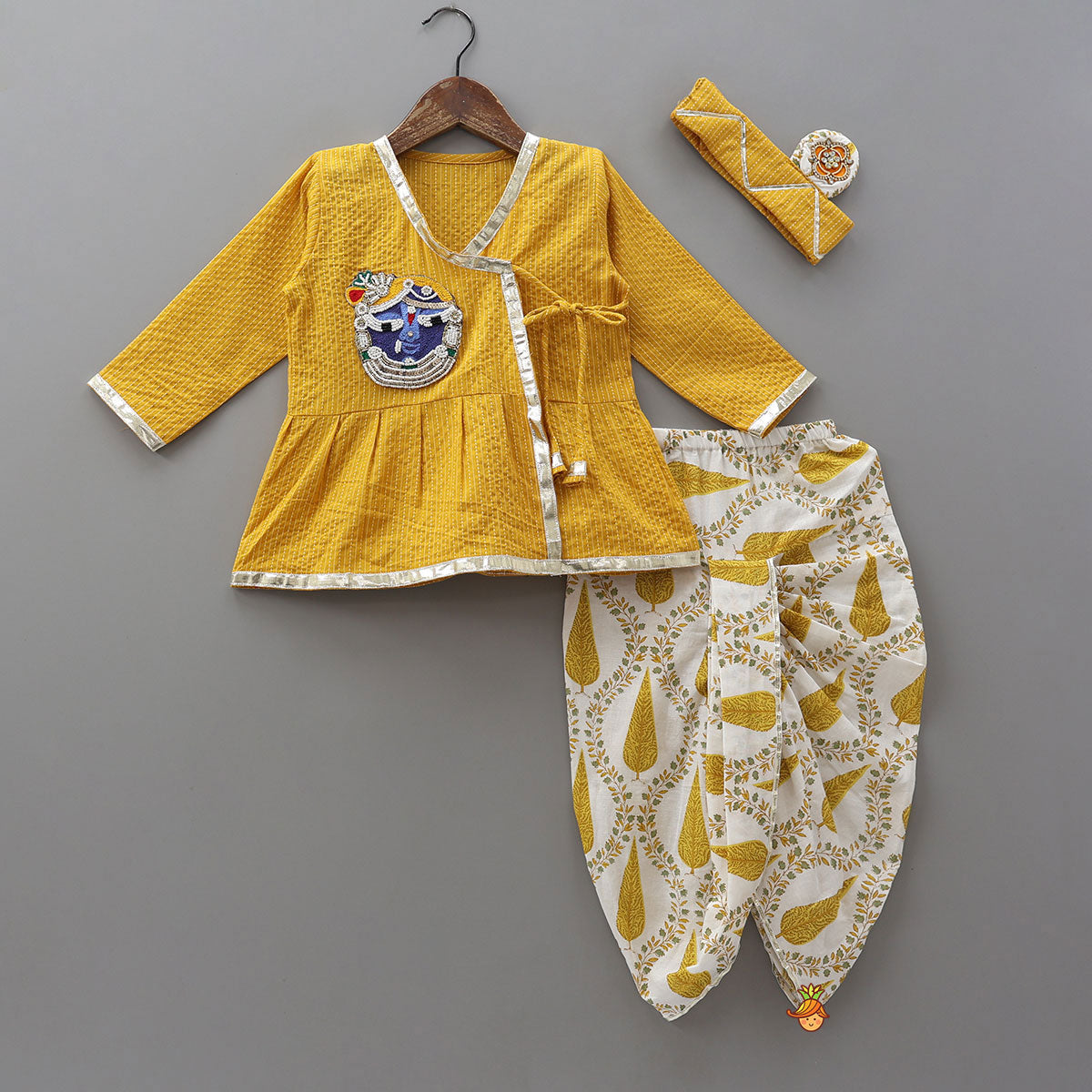 Pre Order: Hand Woven Patch Work Kurta And Dhoti With Matching Head Band