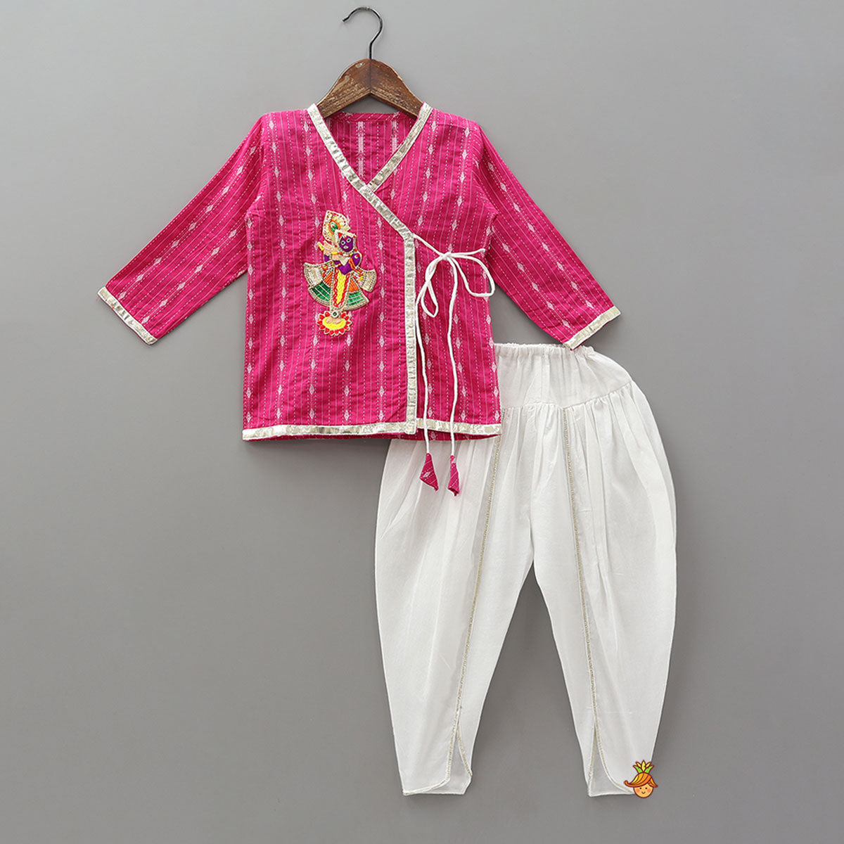Pre Order: Krishna Hand Embroidered Kurta And Dhoti Style Pant With Matching Mukut
