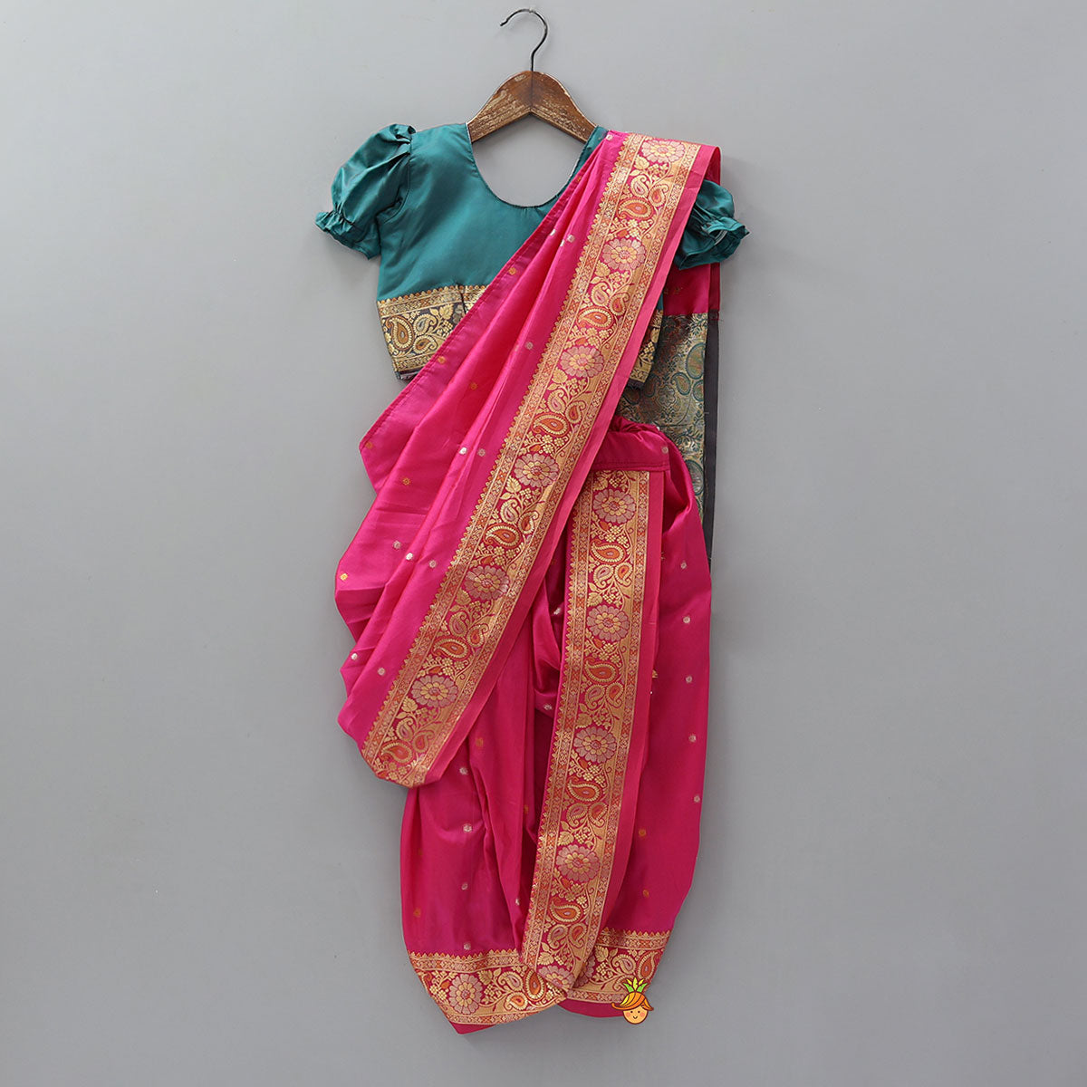Pre Order: Pre Draped Nauvari Saree With Puff Sleeved Top