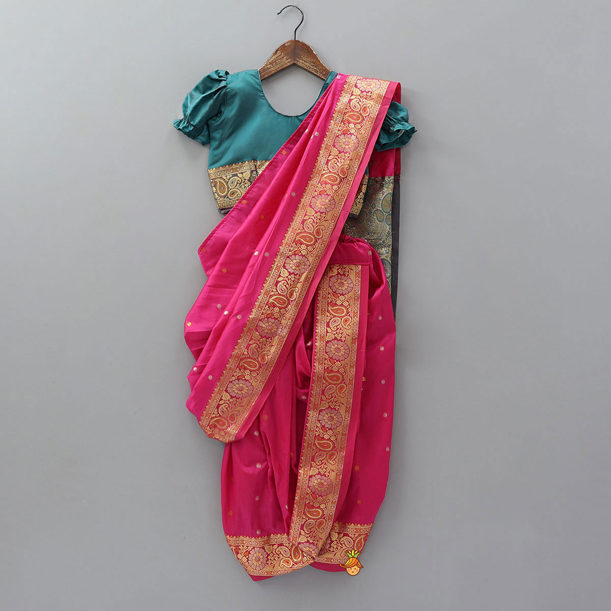 Pre Order: Pre Draped Nauvari Saree With Puff Sleeved Top