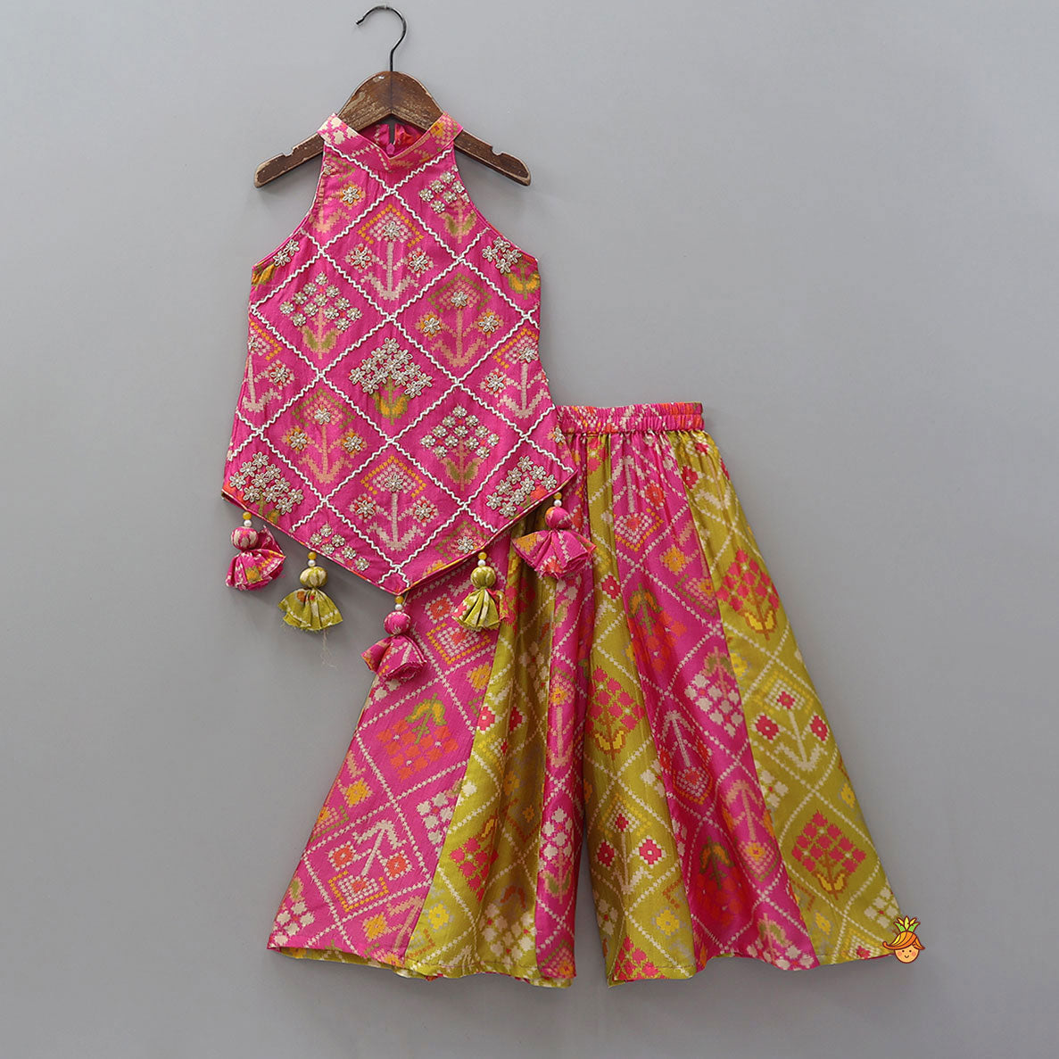 Pre Order: Patola Inspired Embroidered Halter Top With Flared Palazzo