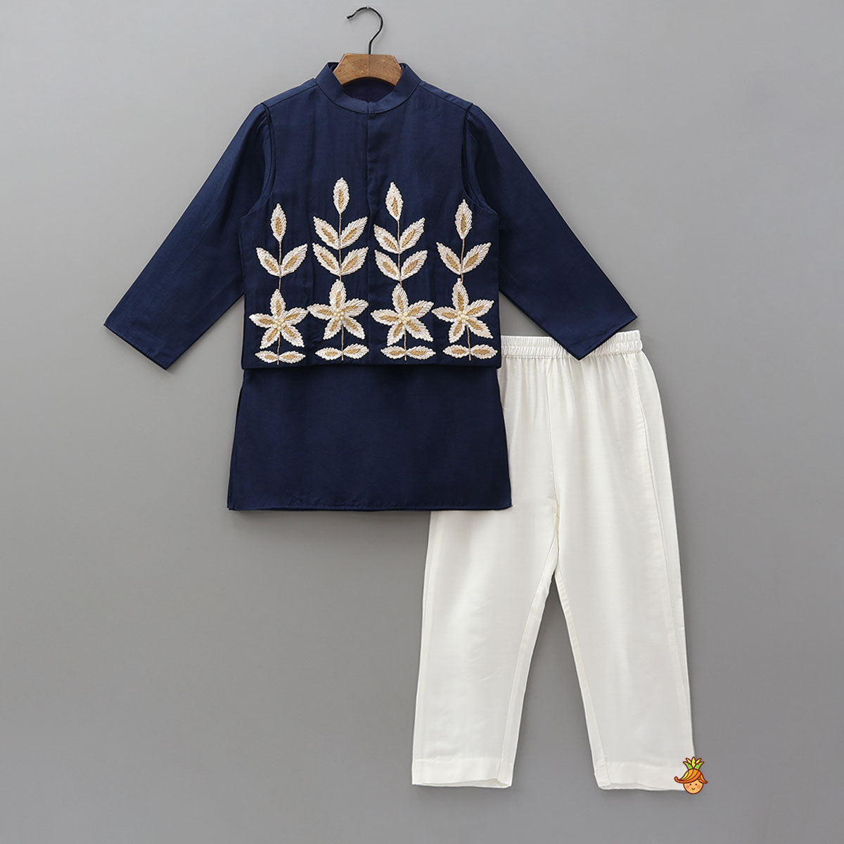 Pre Order: Silk Ethnic Kurta With Gota Leaf Work Jacket And Pyjama