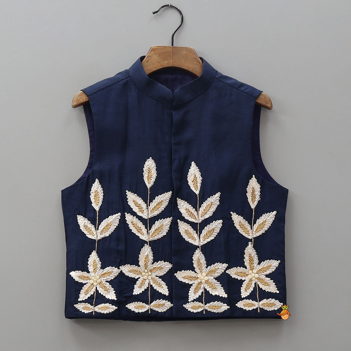 Pre Order: Silk Ethnic Kurta With Gota Leaf Work Jacket And Pyjama
