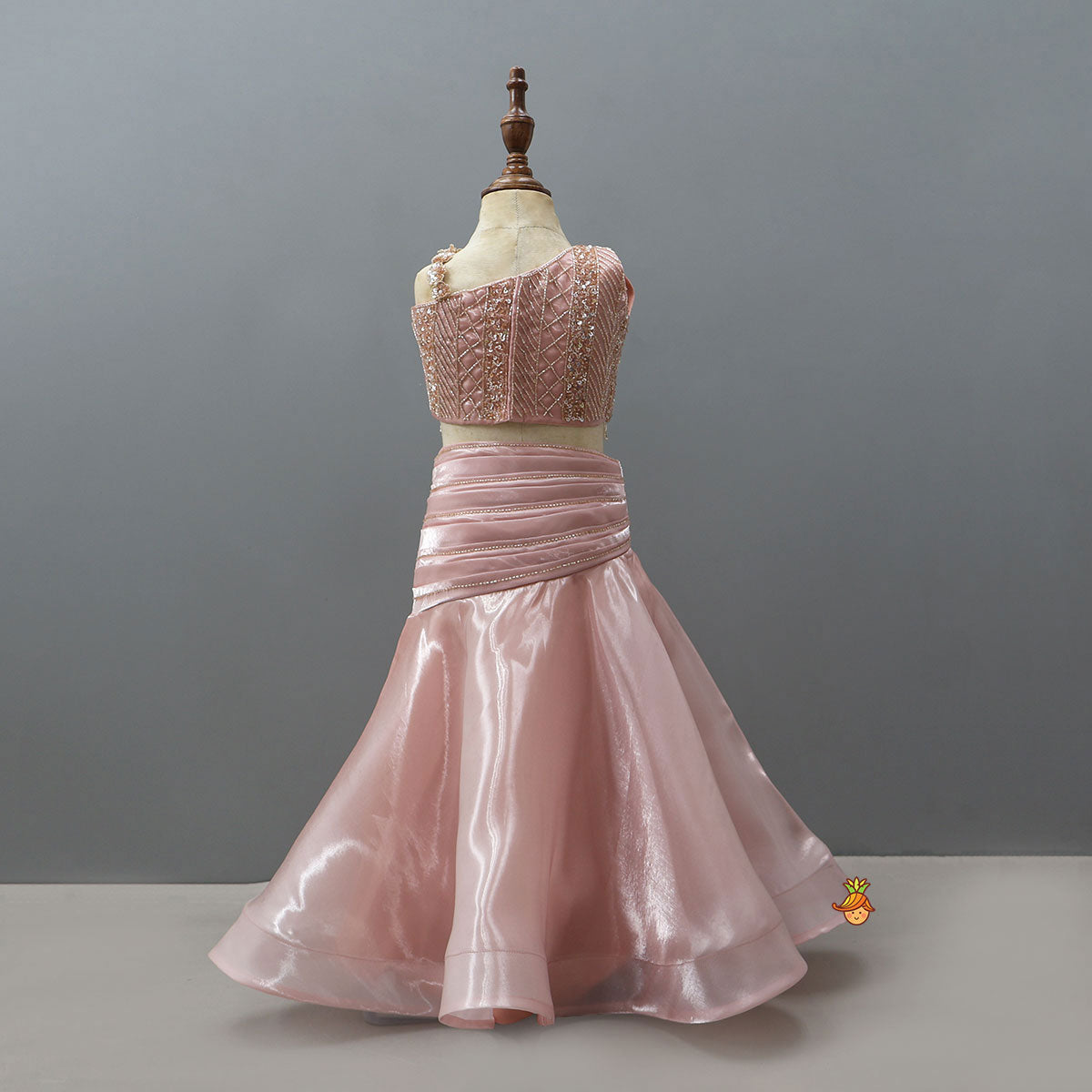 Pre Order: Gorgeous Sheen One Shoulder Crop Top And Lehenga With Stylish Ruffle Dupatta