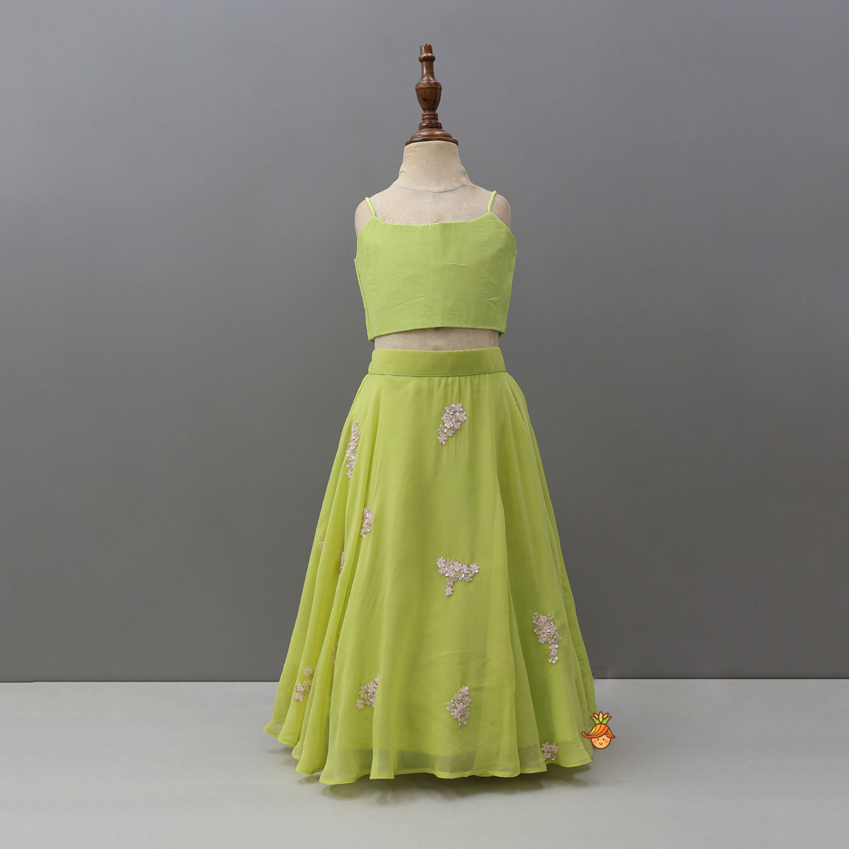 Pre Order: Top With Statement Cape And Floral Embroidered Flared Lehenga