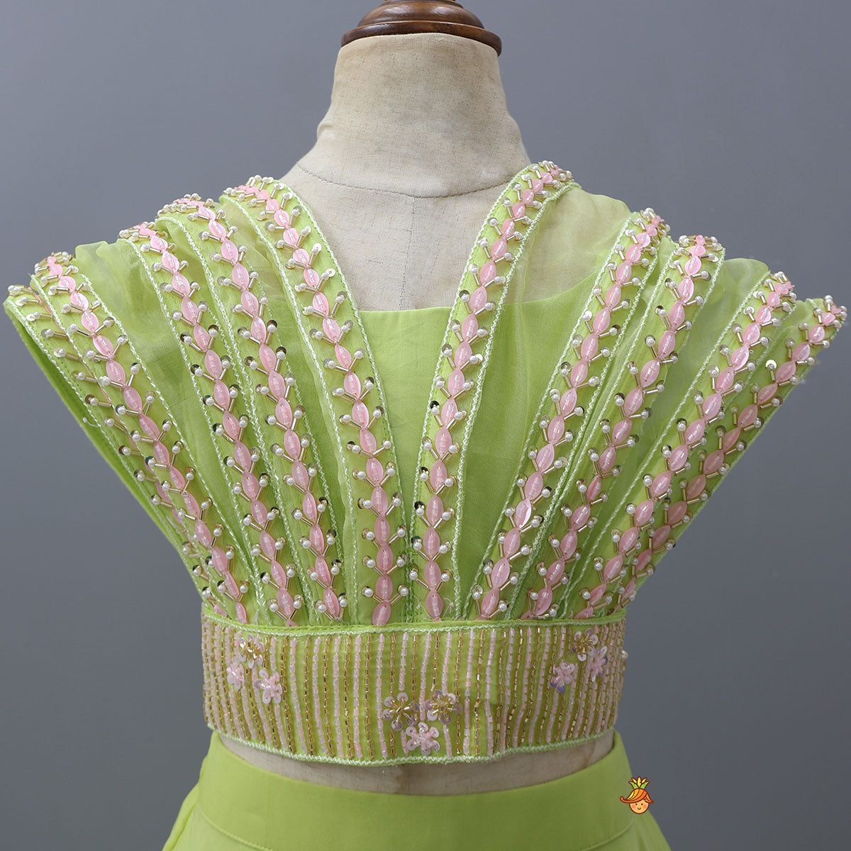 Pre Order: Top With Statement Cape And Floral Embroidered Flared Lehenga