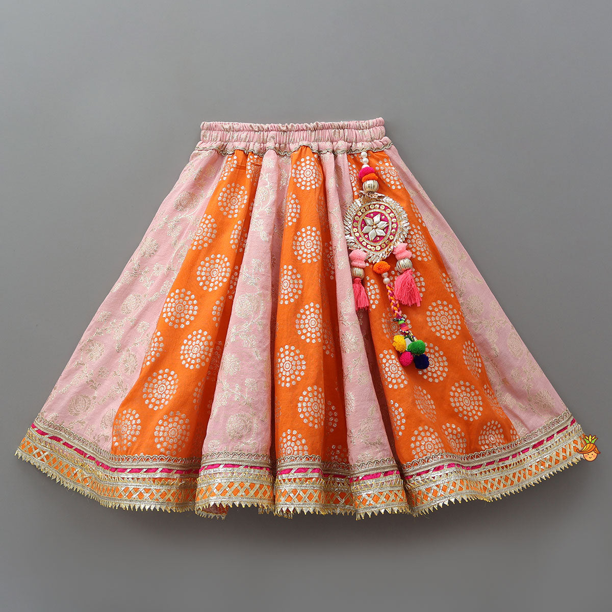 Pre Order: Criss-Cross Knot Tie-Up Crop Top And Lehenga With Sheen Dupatta