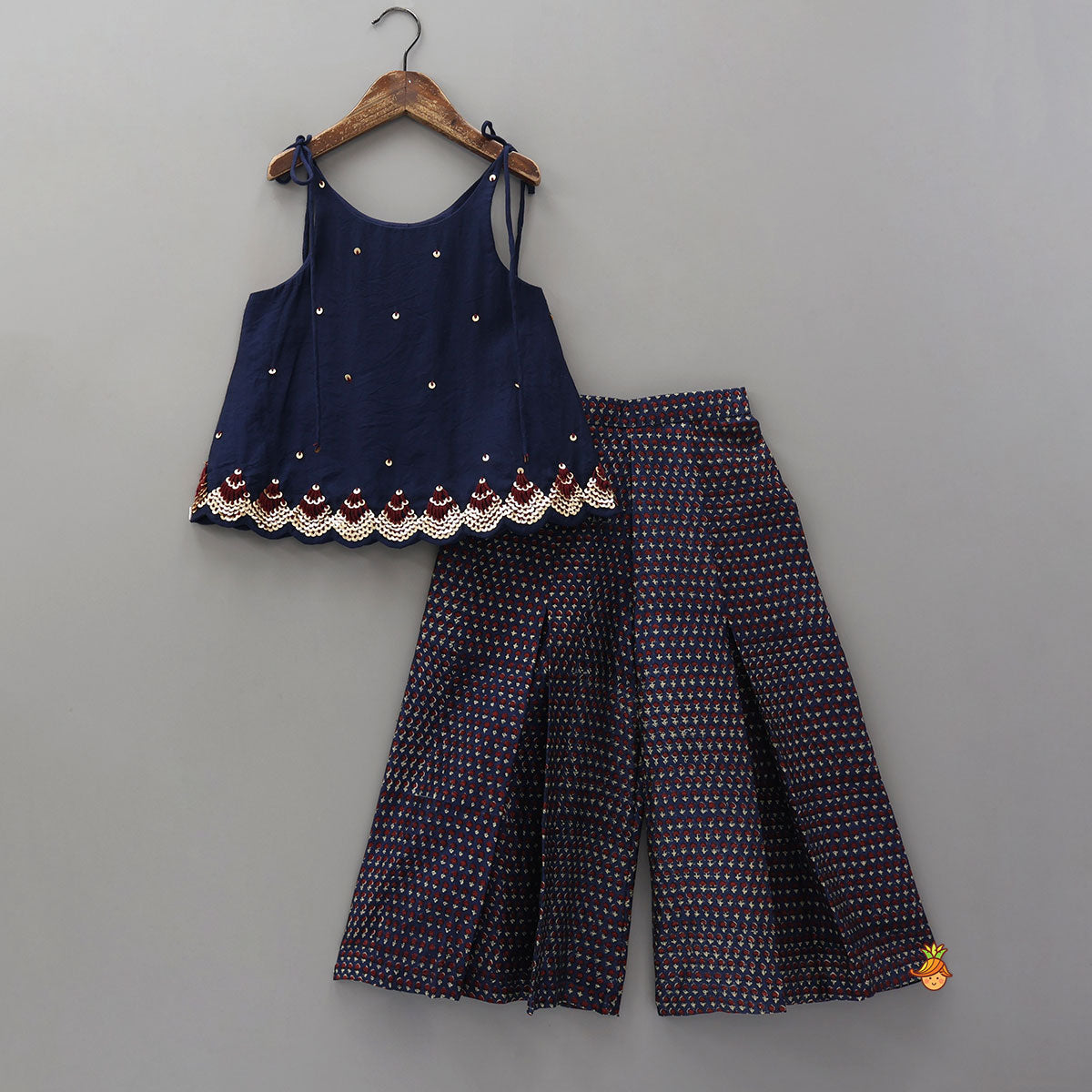 Pre Order: Stylish Tie-Up Hand Embroidered Scallop Top With Printed Palazzo