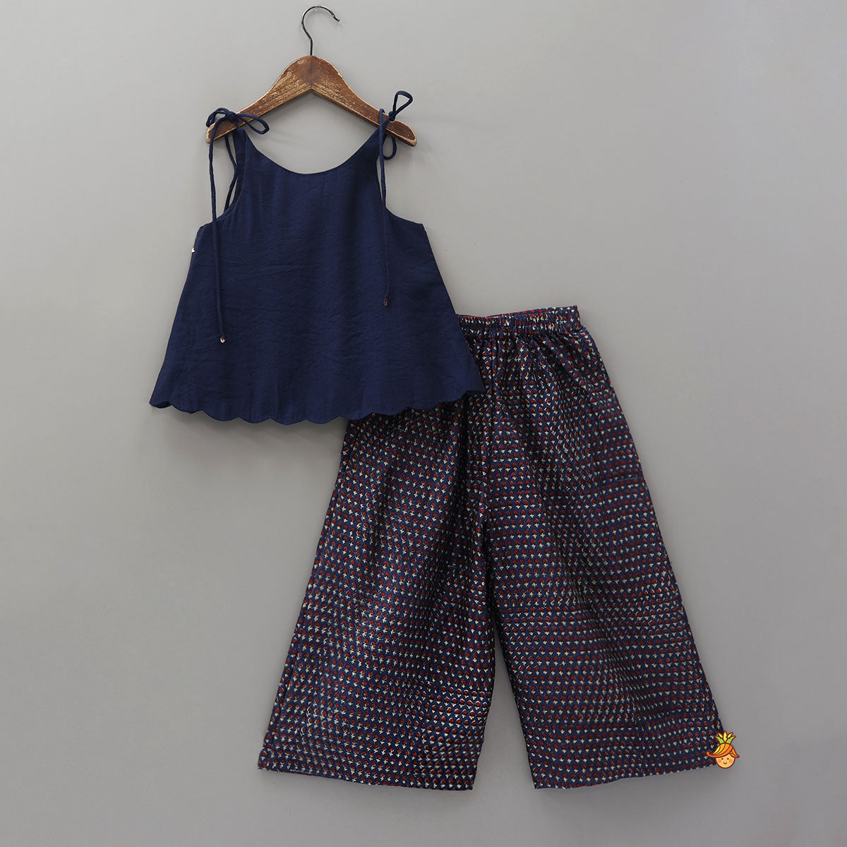 Pre Order: Stylish Tie-Up Hand Embroidered Scallop Top With Printed Palazzo