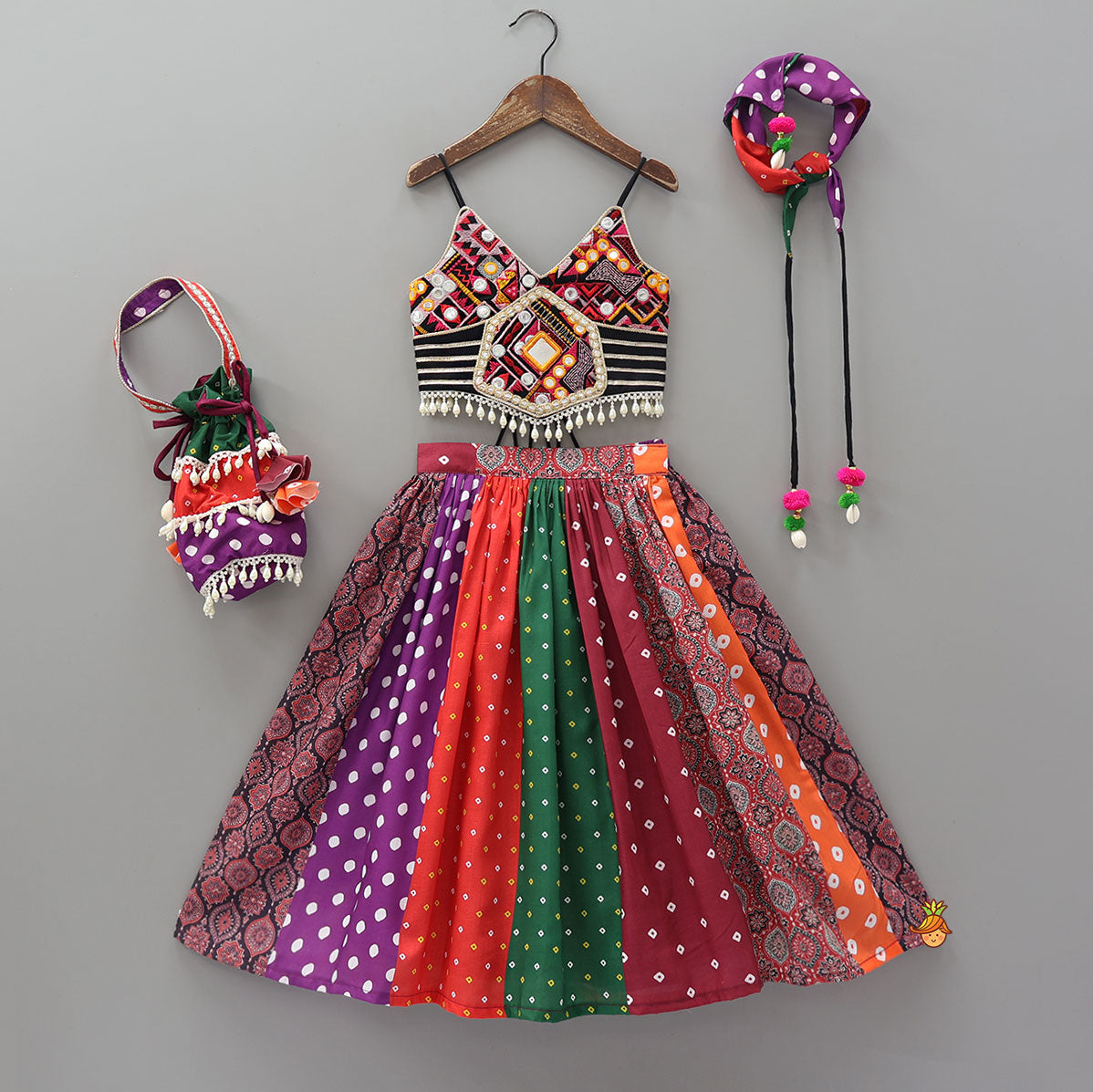 Pre Order: Strappy Mirror Embroidered Top With Lehenga And Bandana With Potli Bag