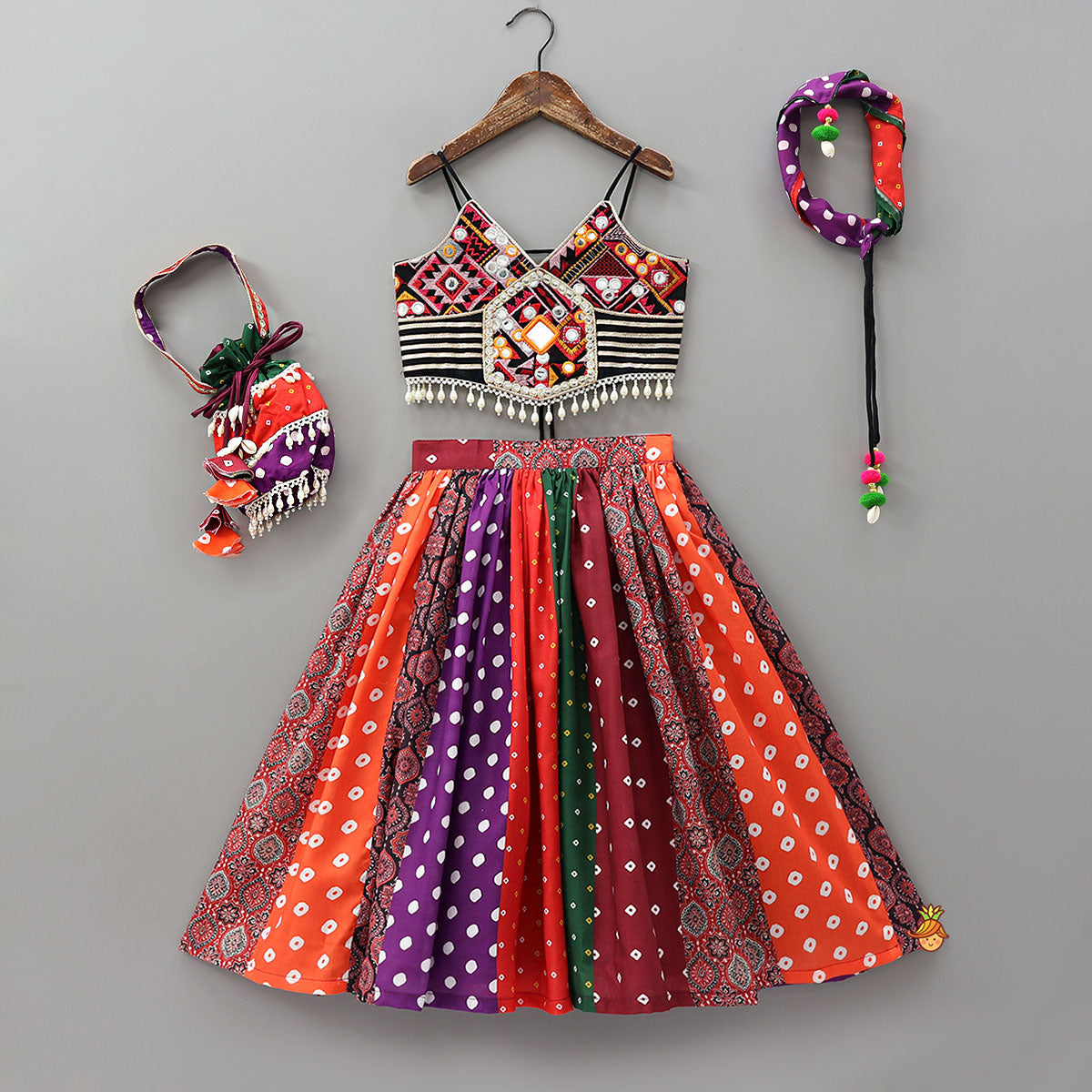 Pre Order: Strappy Mirror Embroidered Top With Lehenga And Bandana With Potli Bag