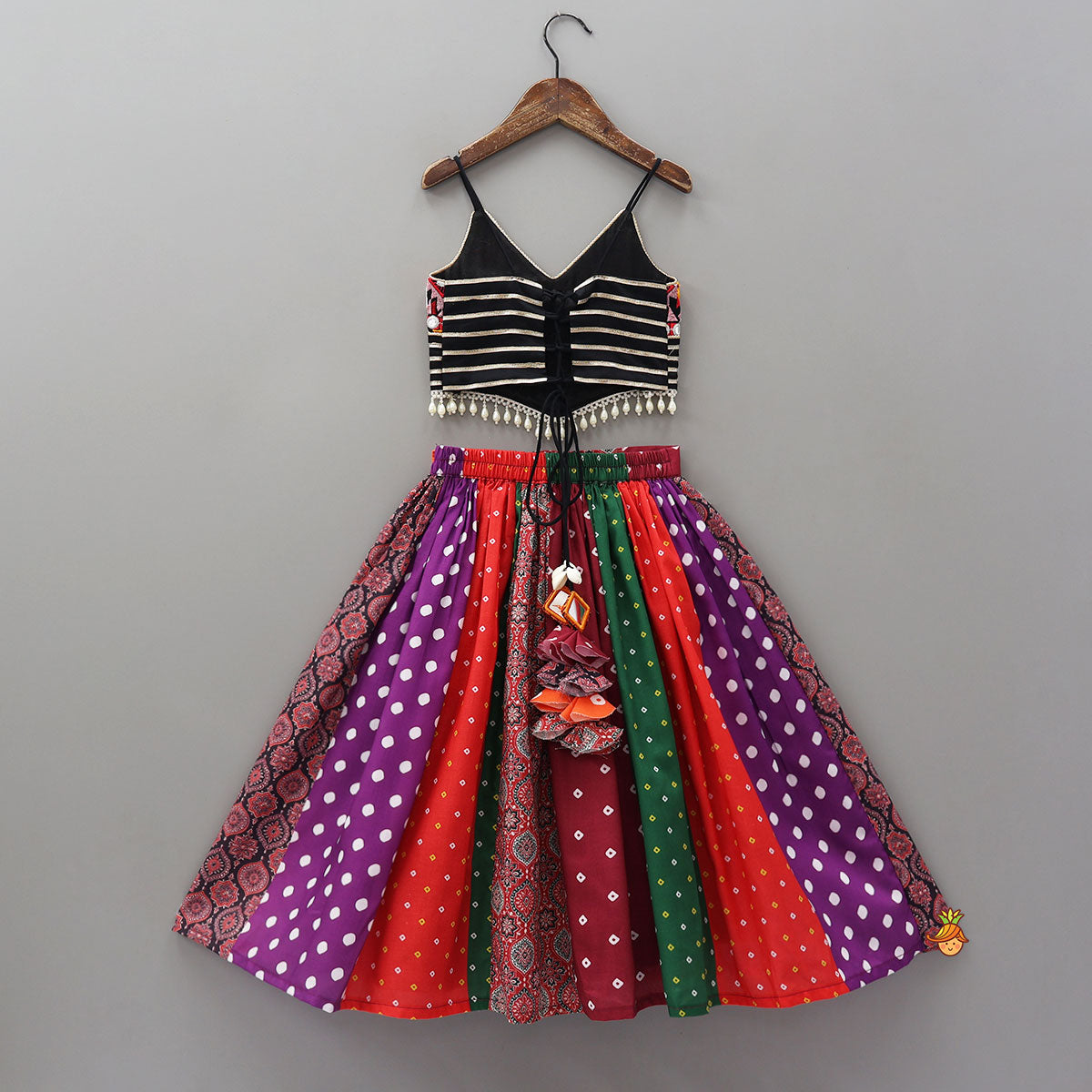 Pre Order: Strappy Mirror Embroidered Top With Lehenga And Bandana With Potli Bag