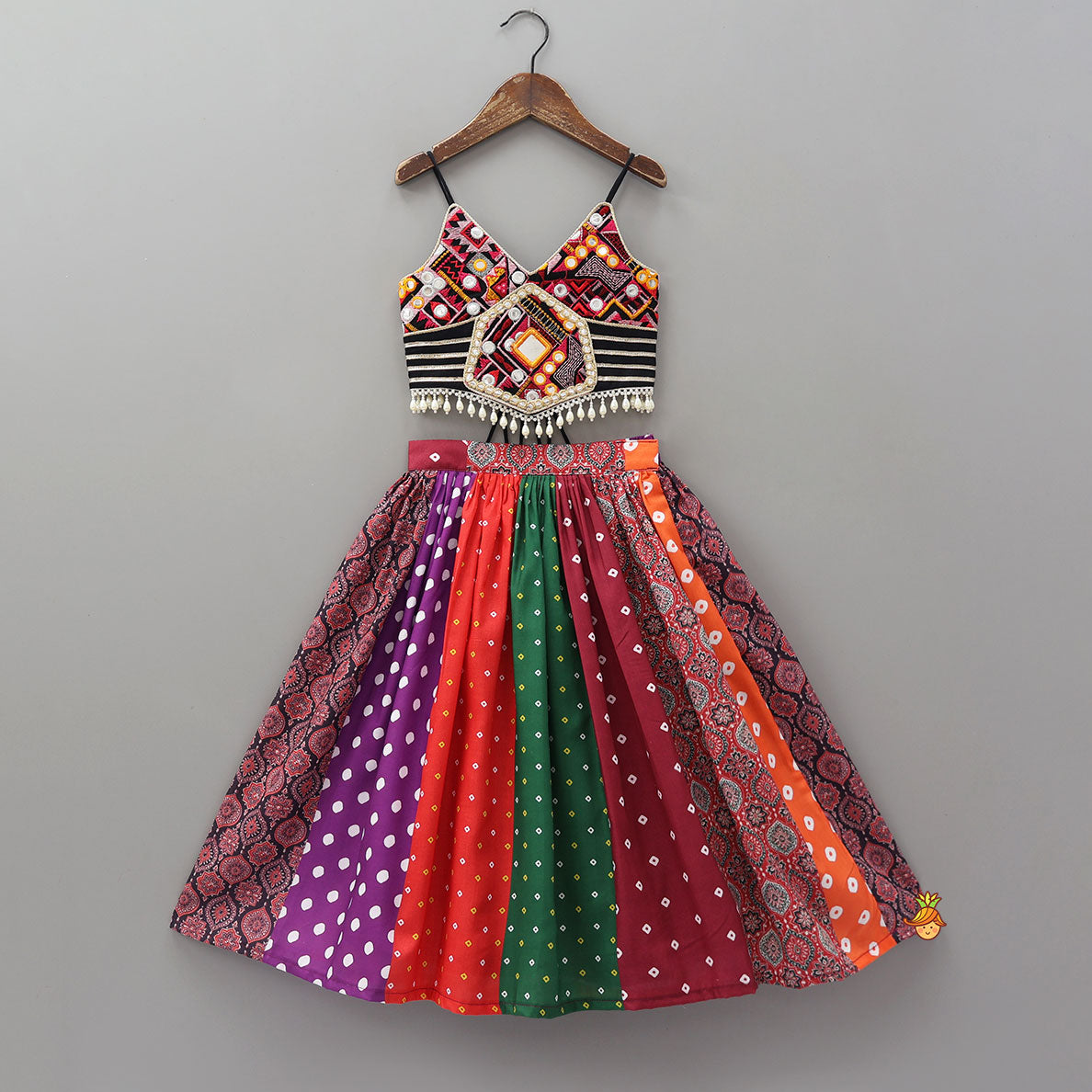 Pre Order: Strappy Mirror Embroidered Top With Lehenga And Bandana With Potli Bag