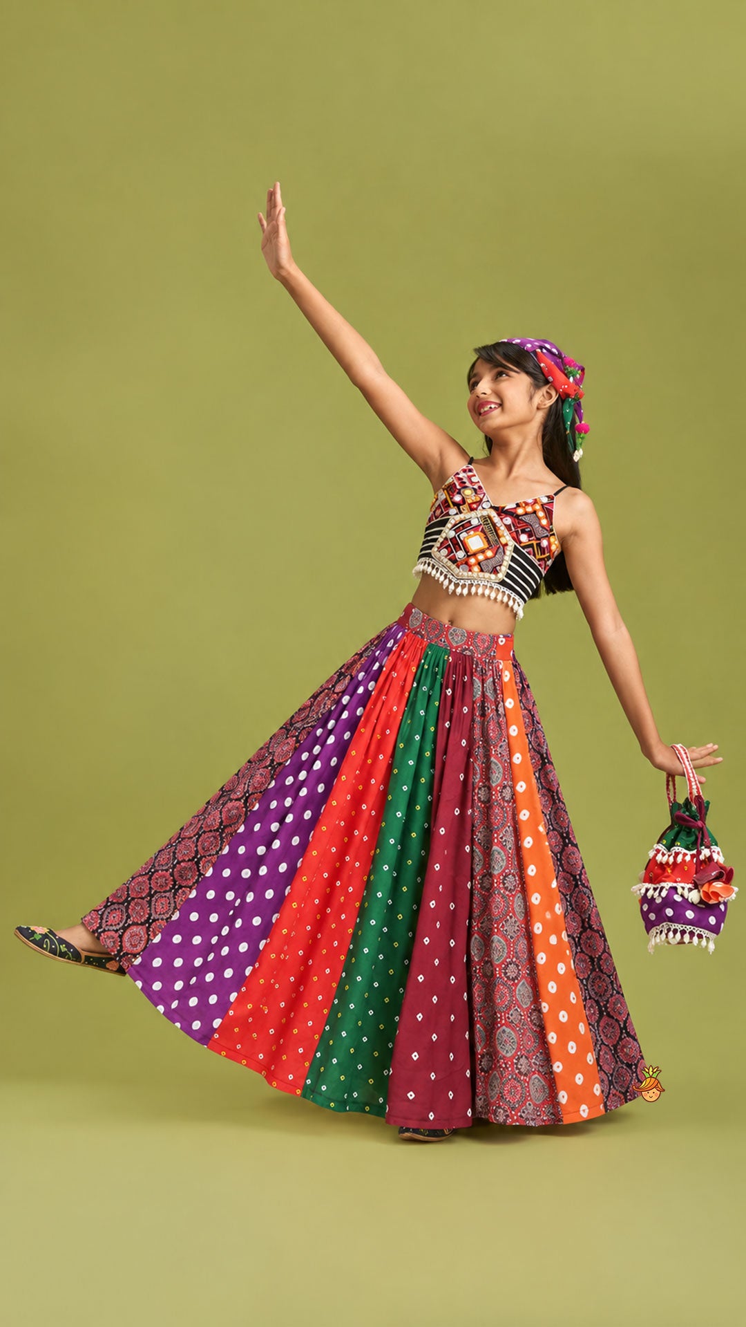 Pre Order: Strappy Mirror Embroidered Top With Lehenga And Bandana With Potli Bag