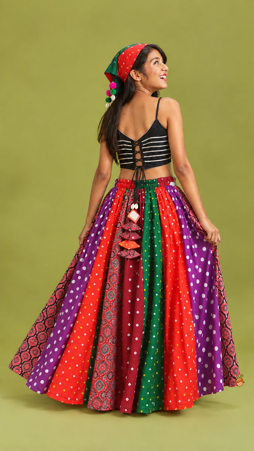 Pre Order: Strappy Mirror Embroidered Top With Lehenga And Bandana With Potli Bag