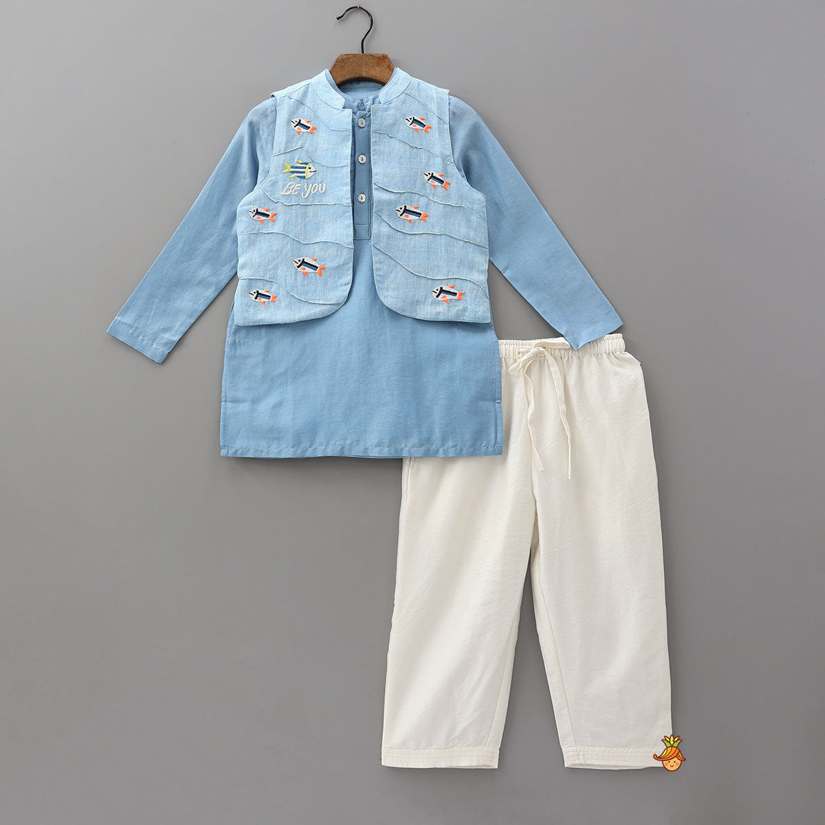 Pre Order: Ethnic Kurta With Fish Motif Embroidered Jacket And Pyjama