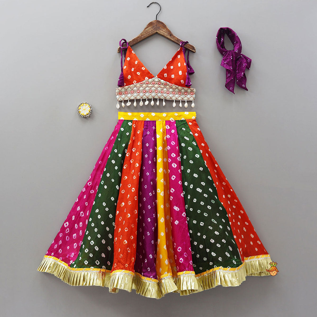 Pre Order: Bandhani Printed Tie-Up Strap Crop Top And Lehenga With Bandhana And Mirror Hair Clip