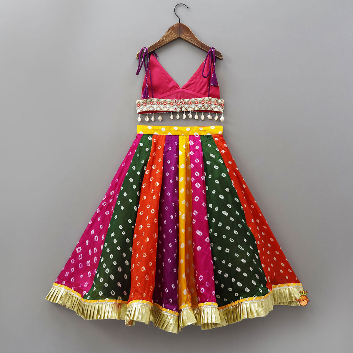 Pre Order: Bandhani Printed Tie-Up Strap Crop Top And Lehenga With Bandhana And Mirror Hair Clip