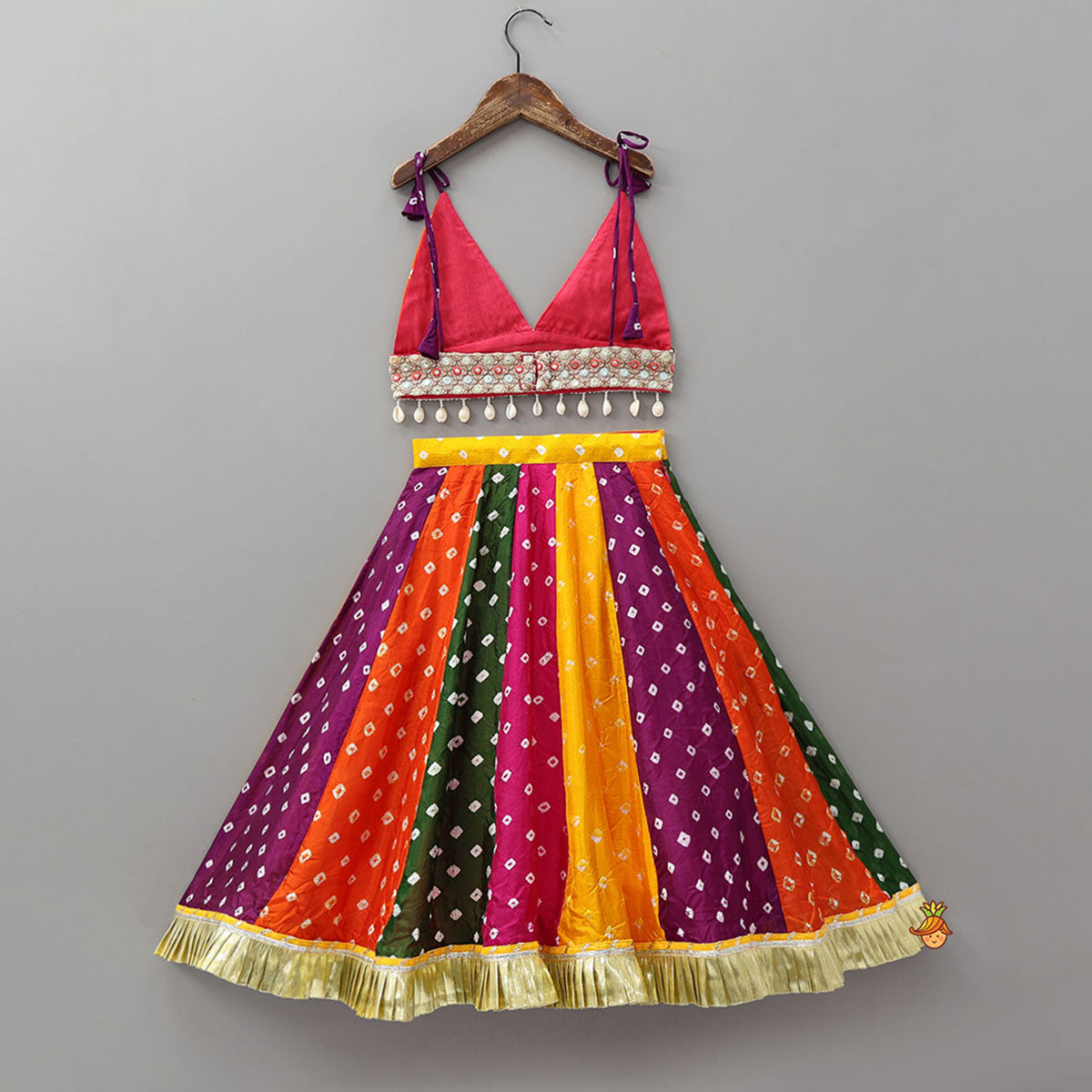 Pre Order: Bandhani Printed Tie-Up Strap Crop Top And Lehenga With Bandhana And Mirror Hair Clip