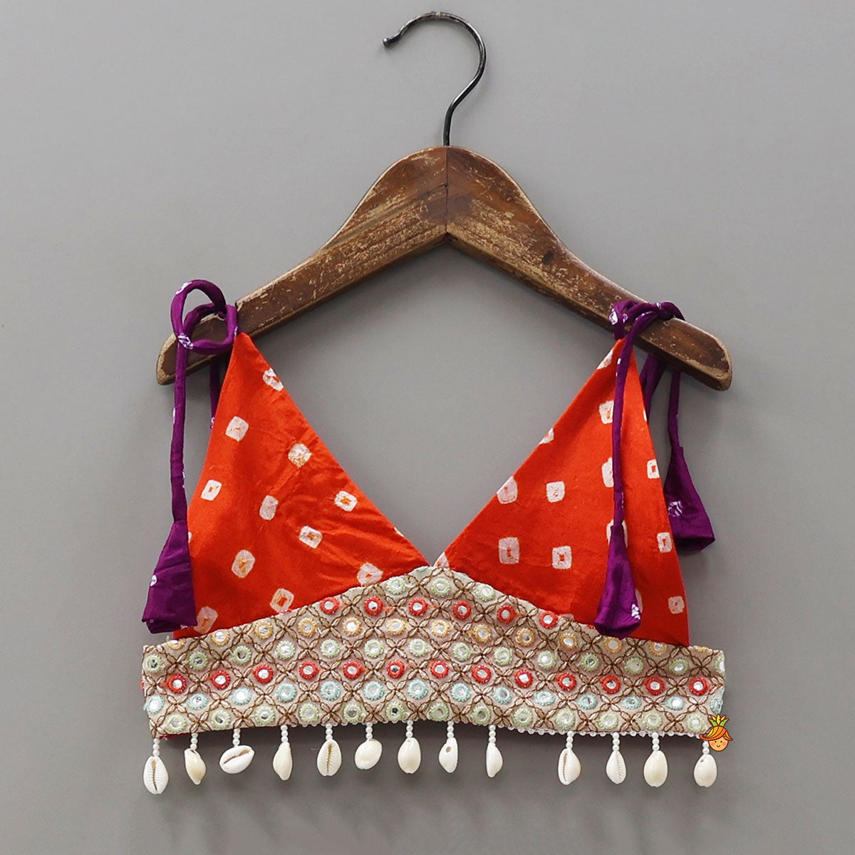 Pre Order: Bandhani Printed Tie-Up Strap Crop Top And Lehenga With Bandhana And Mirror Hair Clip