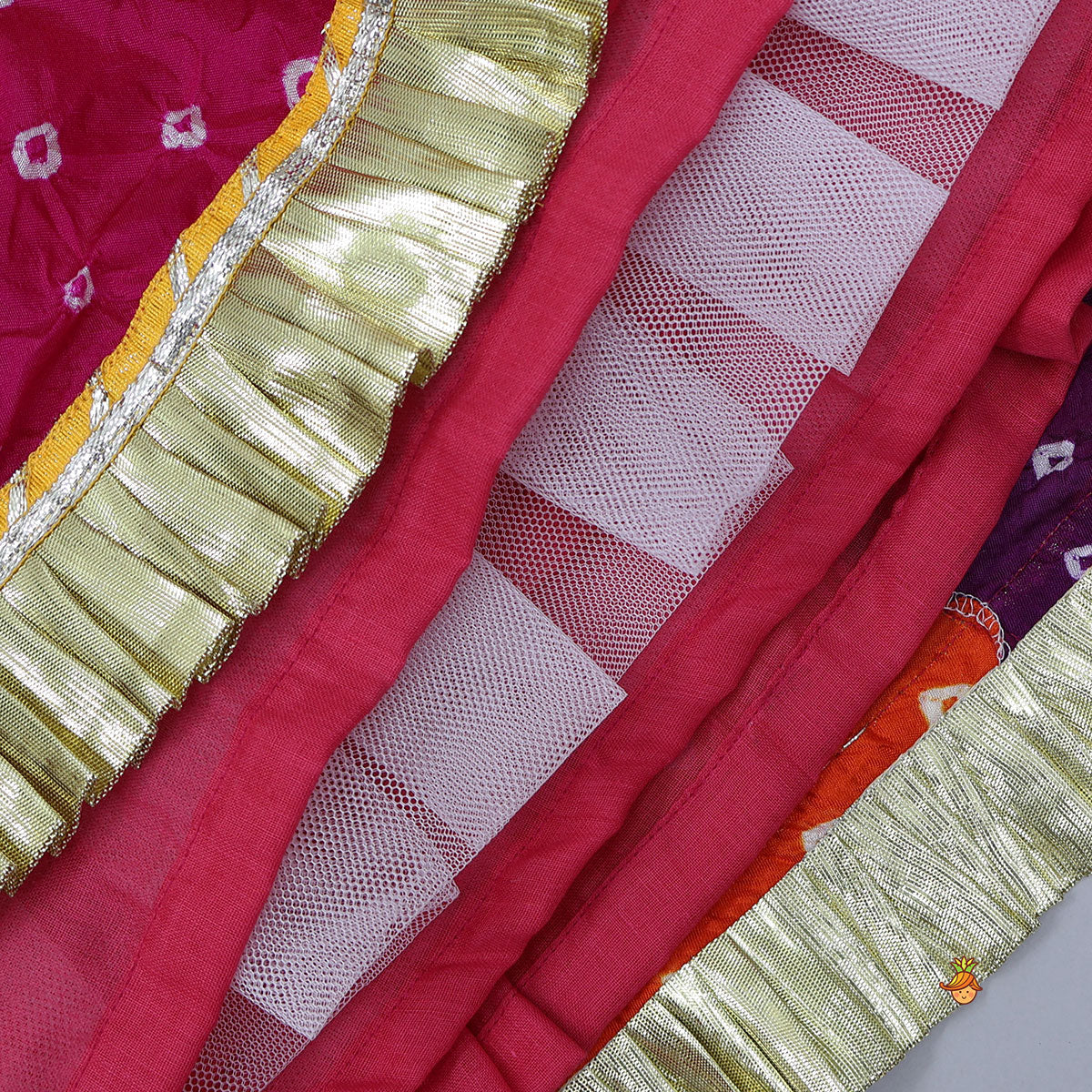 Pre Order: Bandhani Printed Tie-Up Strap Crop Top And Lehenga With Bandhana And Mirror Hair Clip