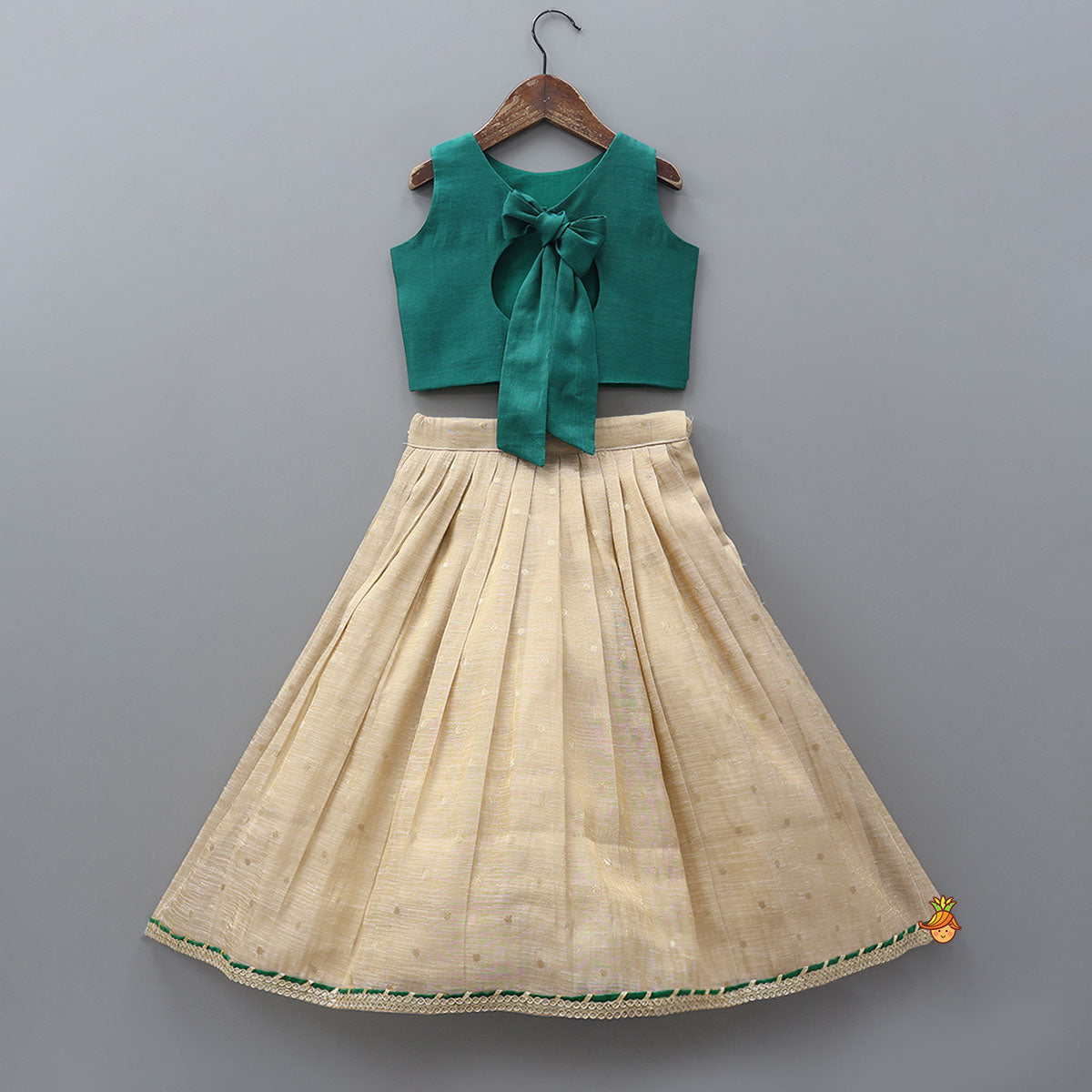 Pre Order: Elegant Back Bow Detail Crop Top And Pleated Lehenga