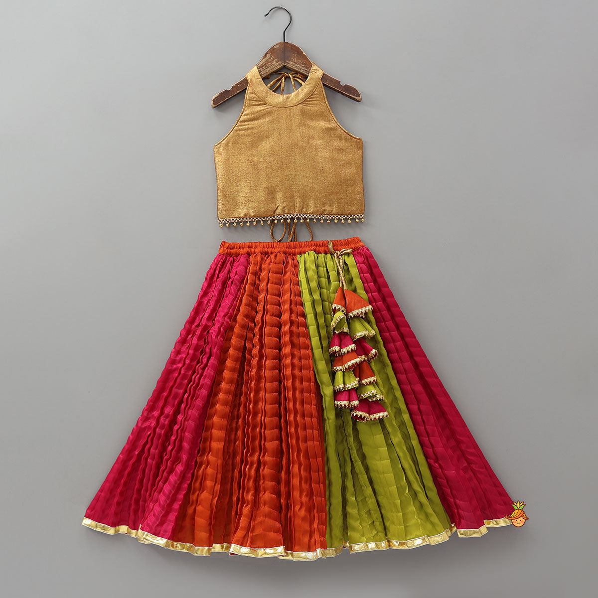 Pre Order: Sheen Finish Halter Neck Crop Top With Crushed Lehenga