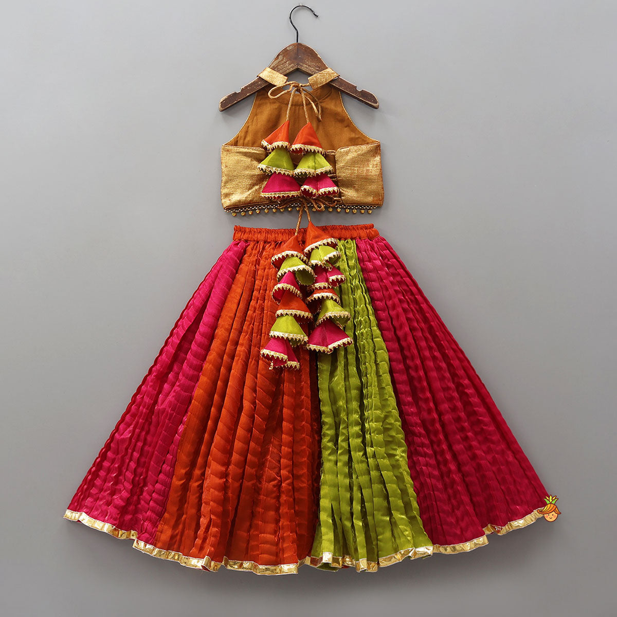 Pre Order: Sheen Finish Halter Neck Crop Top With Crushed Lehenga
