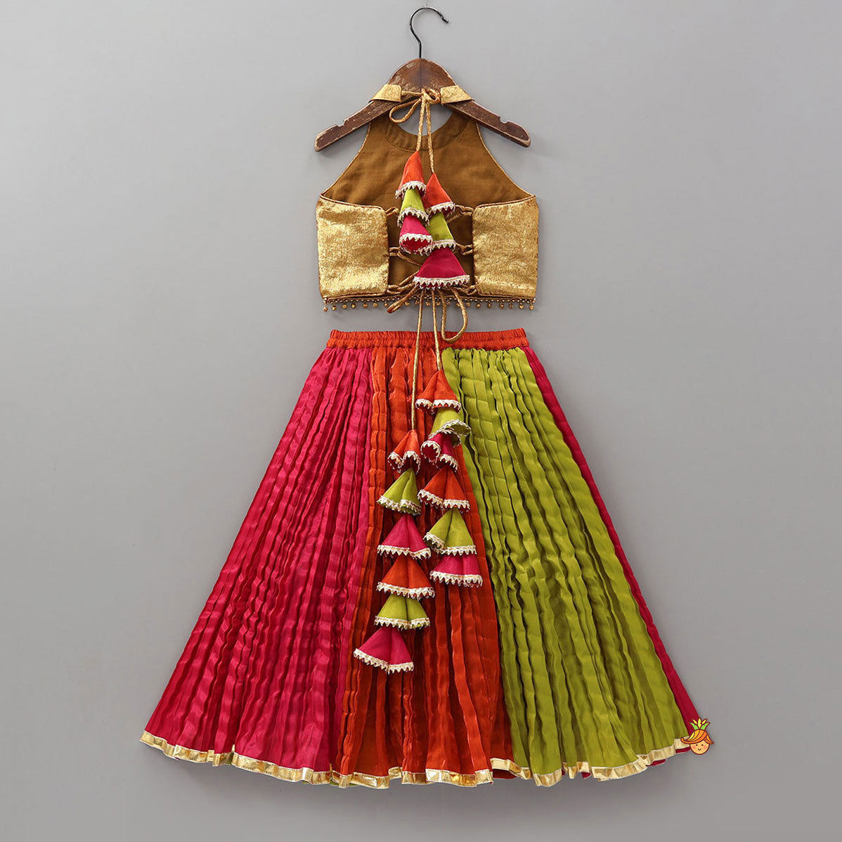Pre Order: Sheen Finish Halter Neck Crop Top With Crushed Lehenga