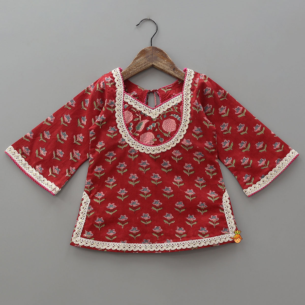 Pre Order: Lace Work Cotton Kurti With Flared Lehenga And Lurex Striped Dupatta