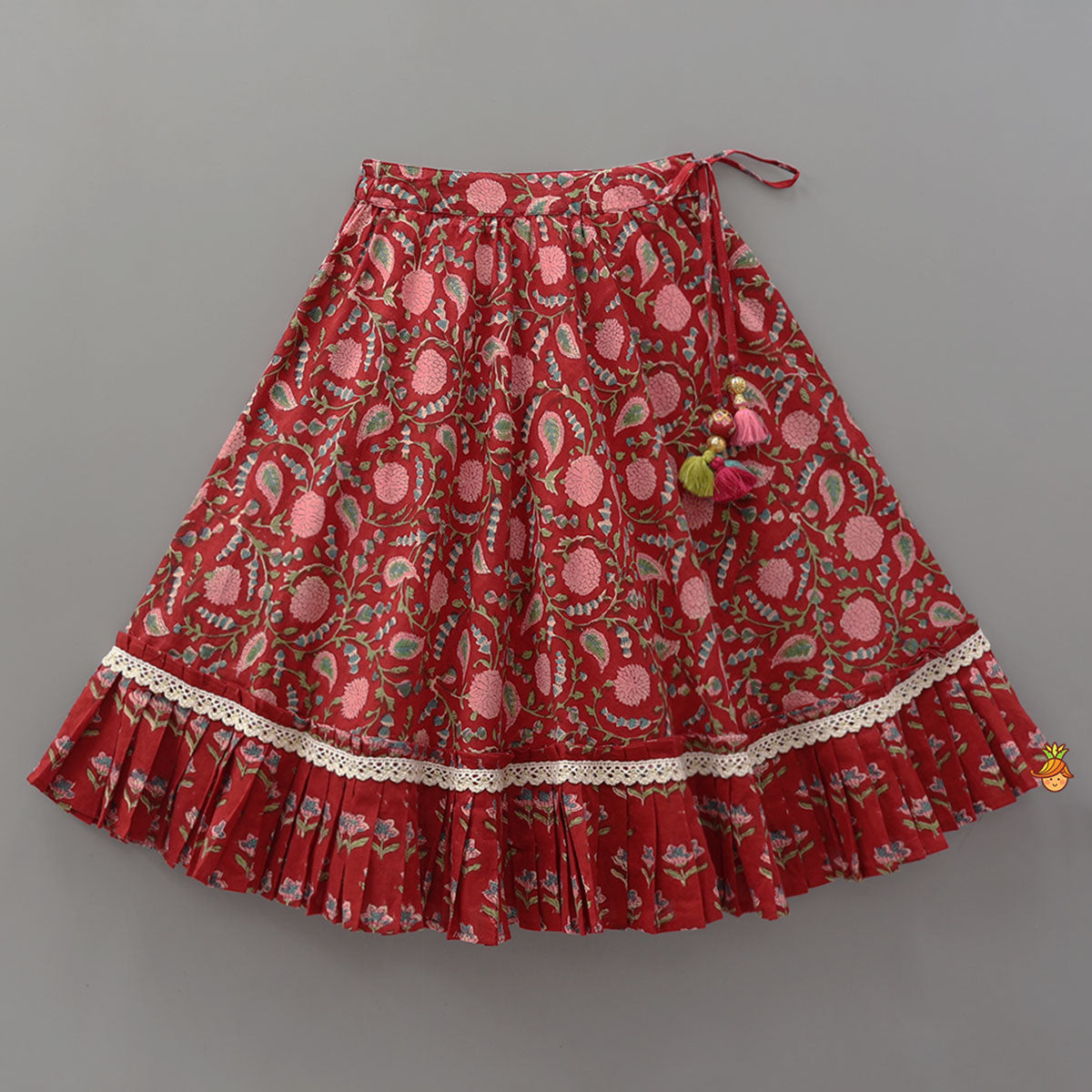 Pre Order: Lace Work Cotton Kurti With Flared Lehenga And Lurex Striped Dupatta