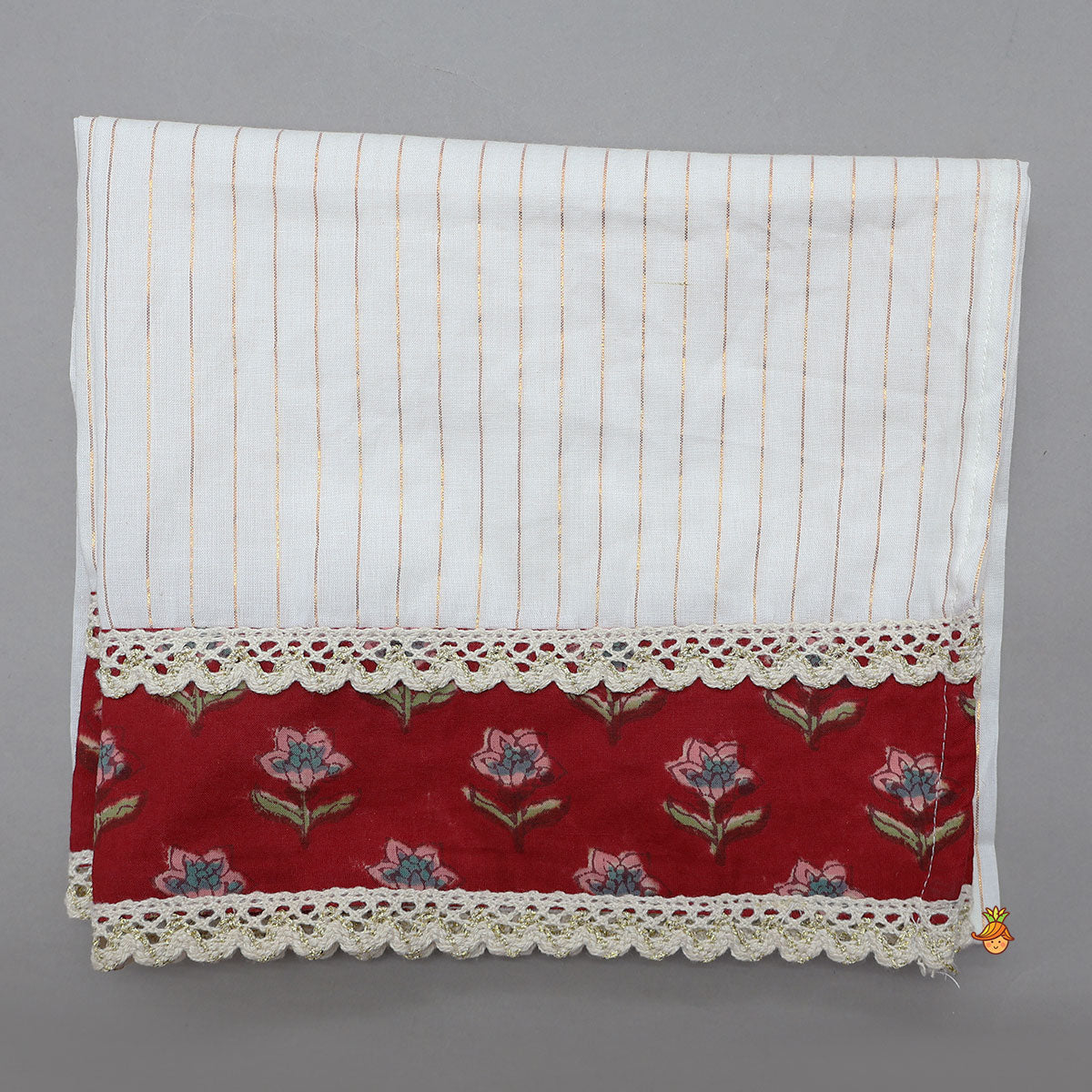 Pre Order: Lace Work Cotton Kurti With Flared Lehenga And Lurex Striped Dupatta