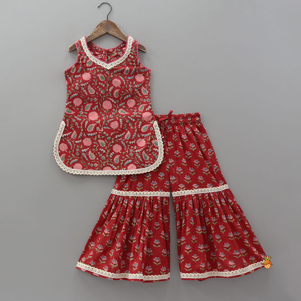 Pre Order: Hand Block Floral Printed Cotton Kurti With Sharara And Contrasting Dupatta