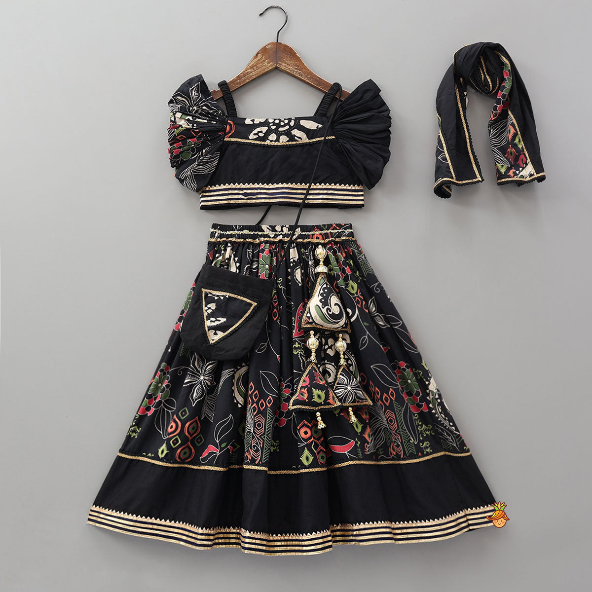 Elasticated Strappy Crop Top And Lehenga With Dupatta And Sling Bag