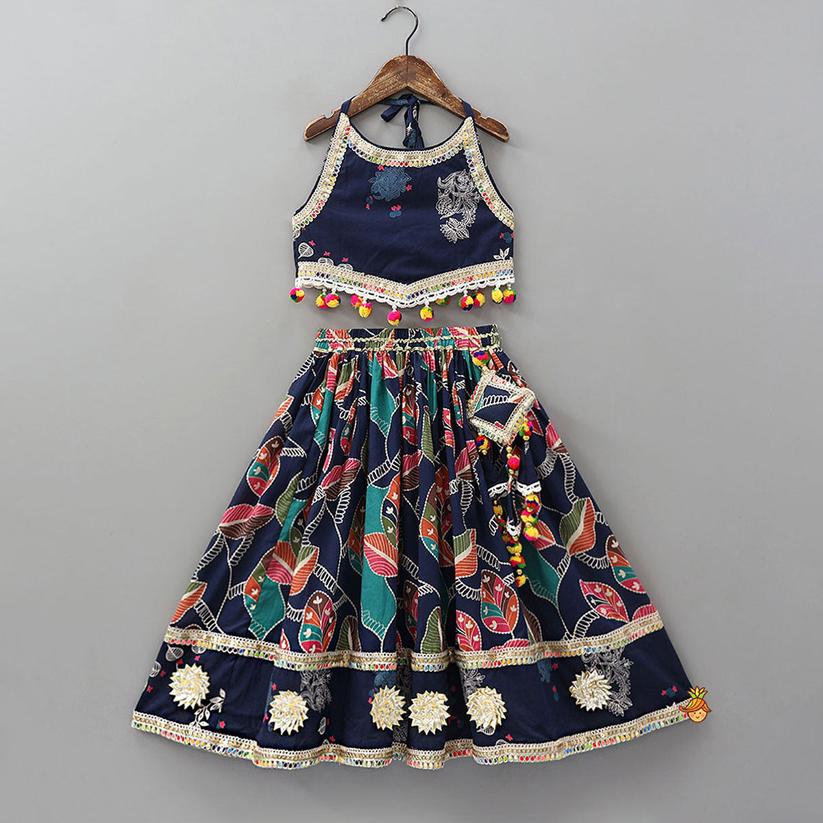 Halter Neck Printed Crop Top And Lehenga With Dupatta