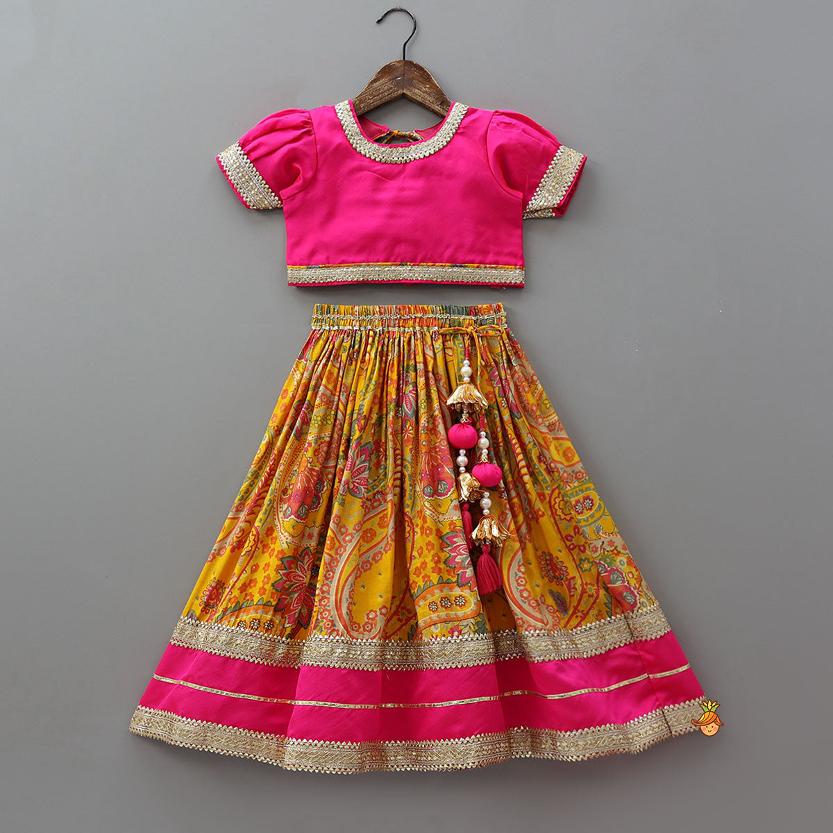 Lace Detailed Top With Paisley Printed Lehenga And Dupatta