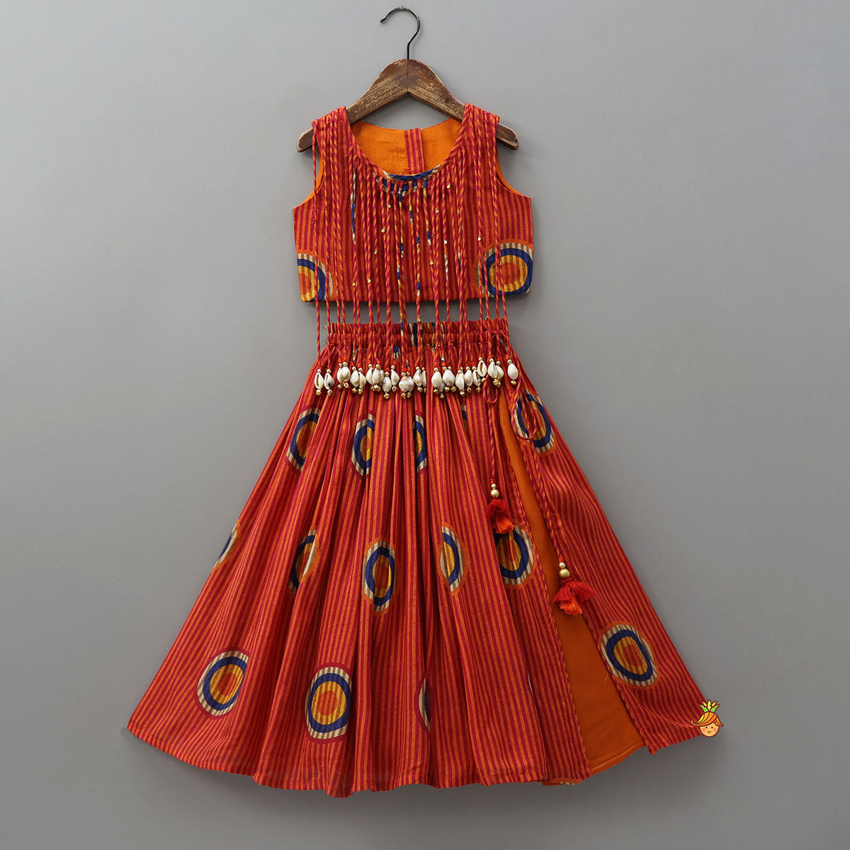 Pre Order: Fringes Adorned Striped Crop Top With Printed Lehenga